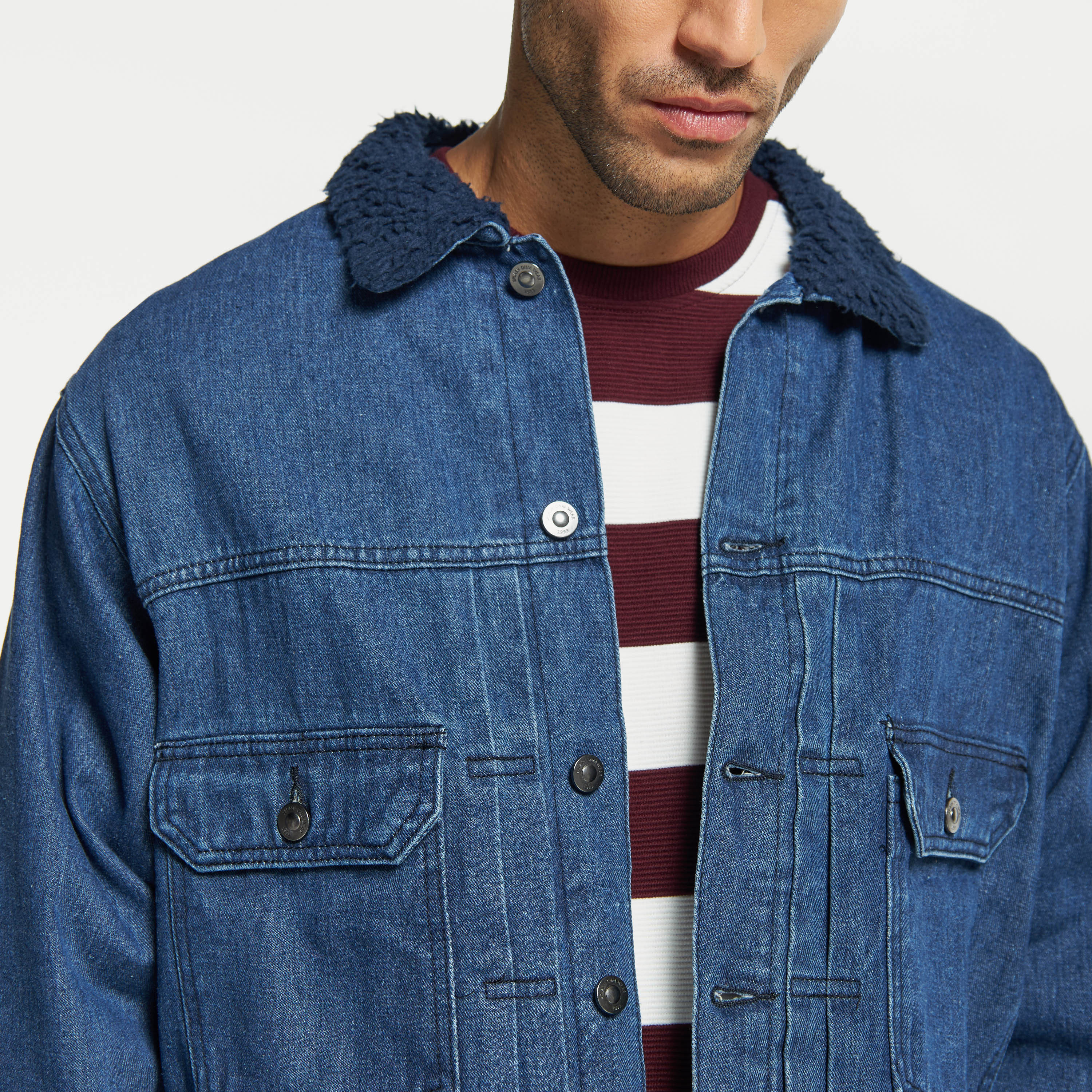 Blue denim jacket with fur sale collar