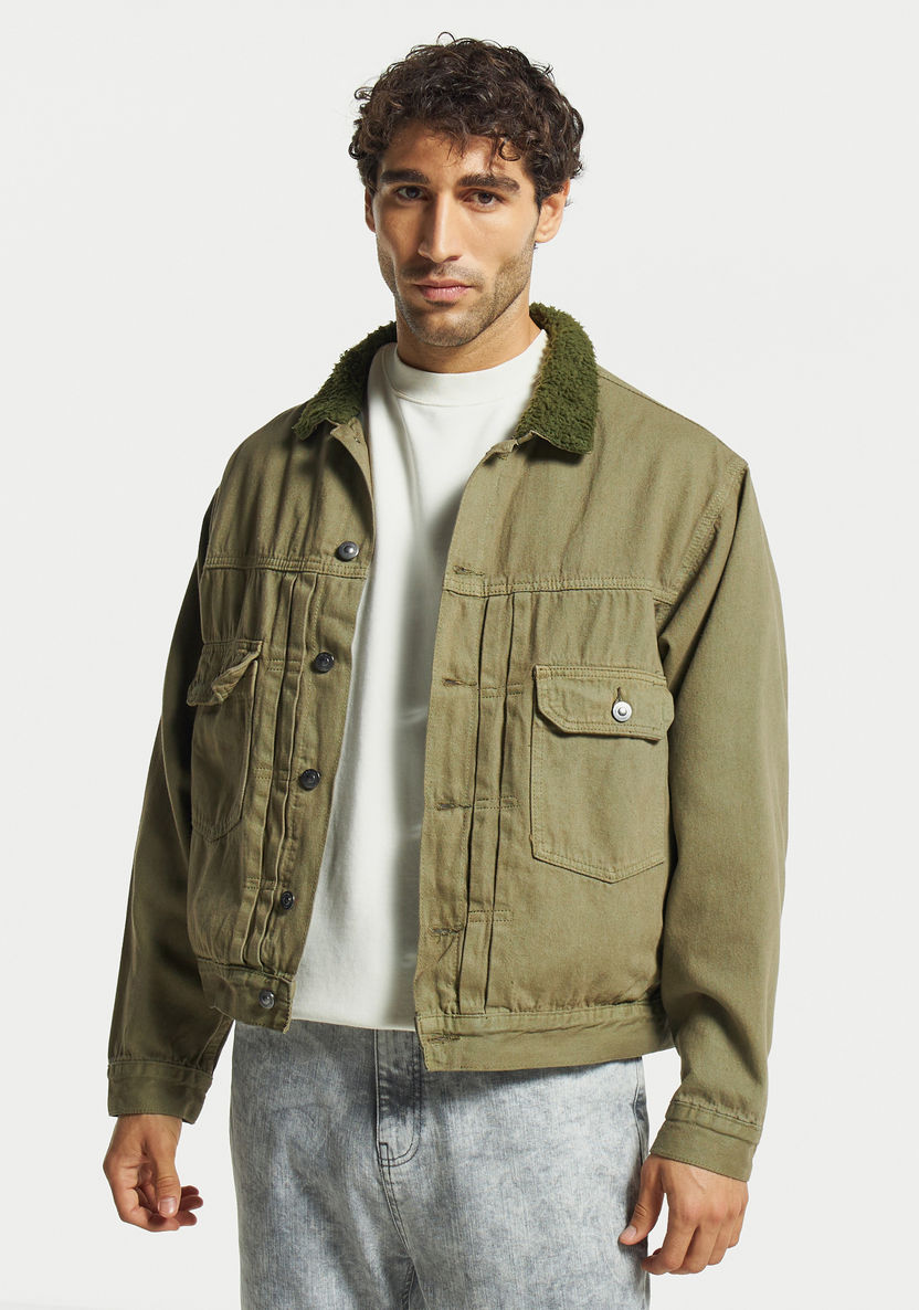 Buy Solid Denim Jacket with Fur Collar and Long Sleeves | Splash UAE