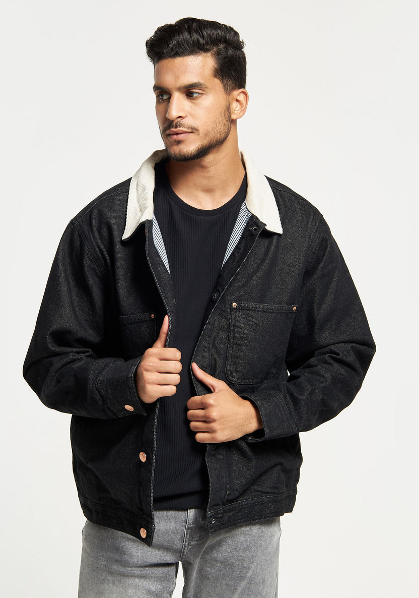 Solid Denim Jacket with Pockets and Button Closure-Jackets-image-0