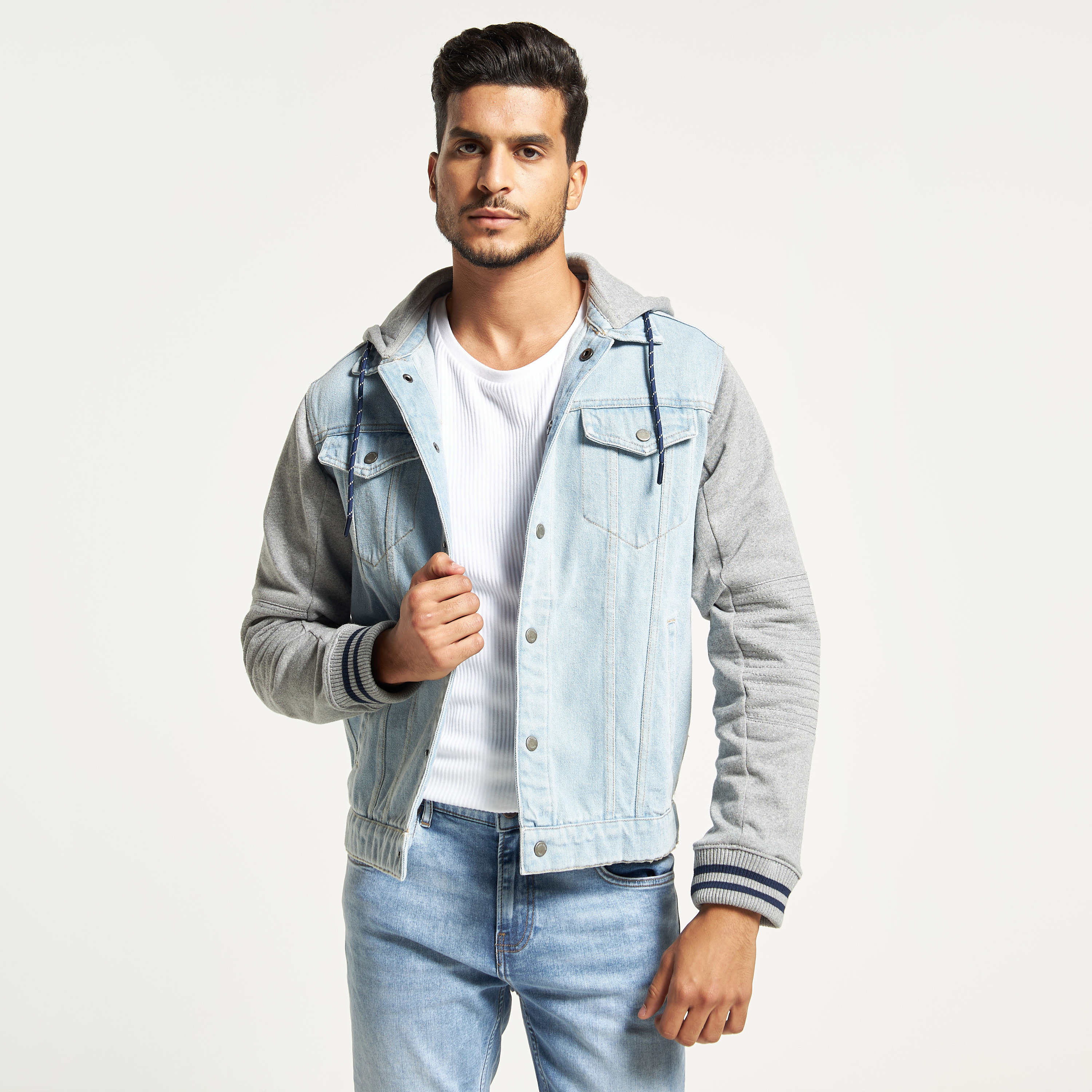 Mens denim jacket with best sale grey hoodie