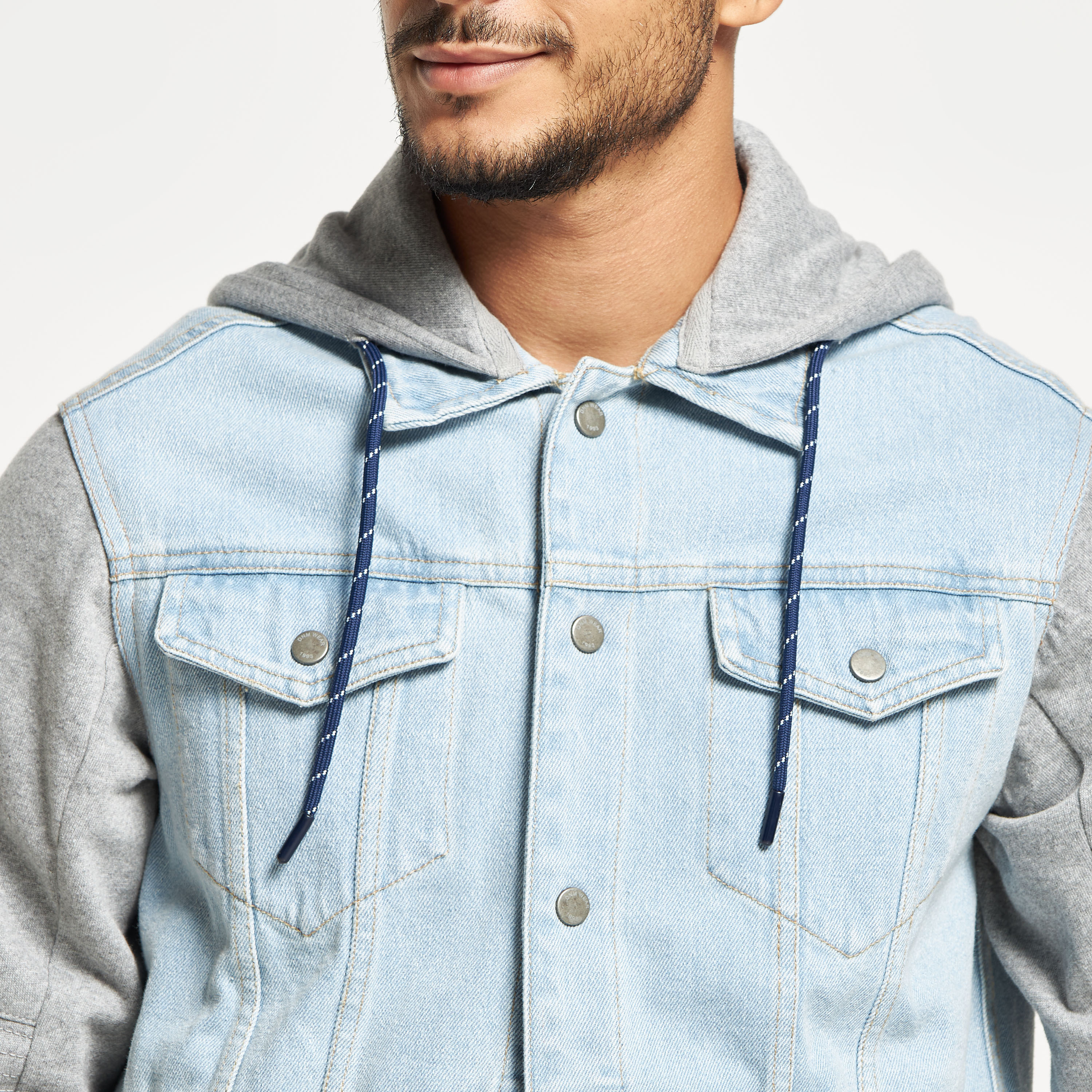 Long denim jacket with 2024 hood