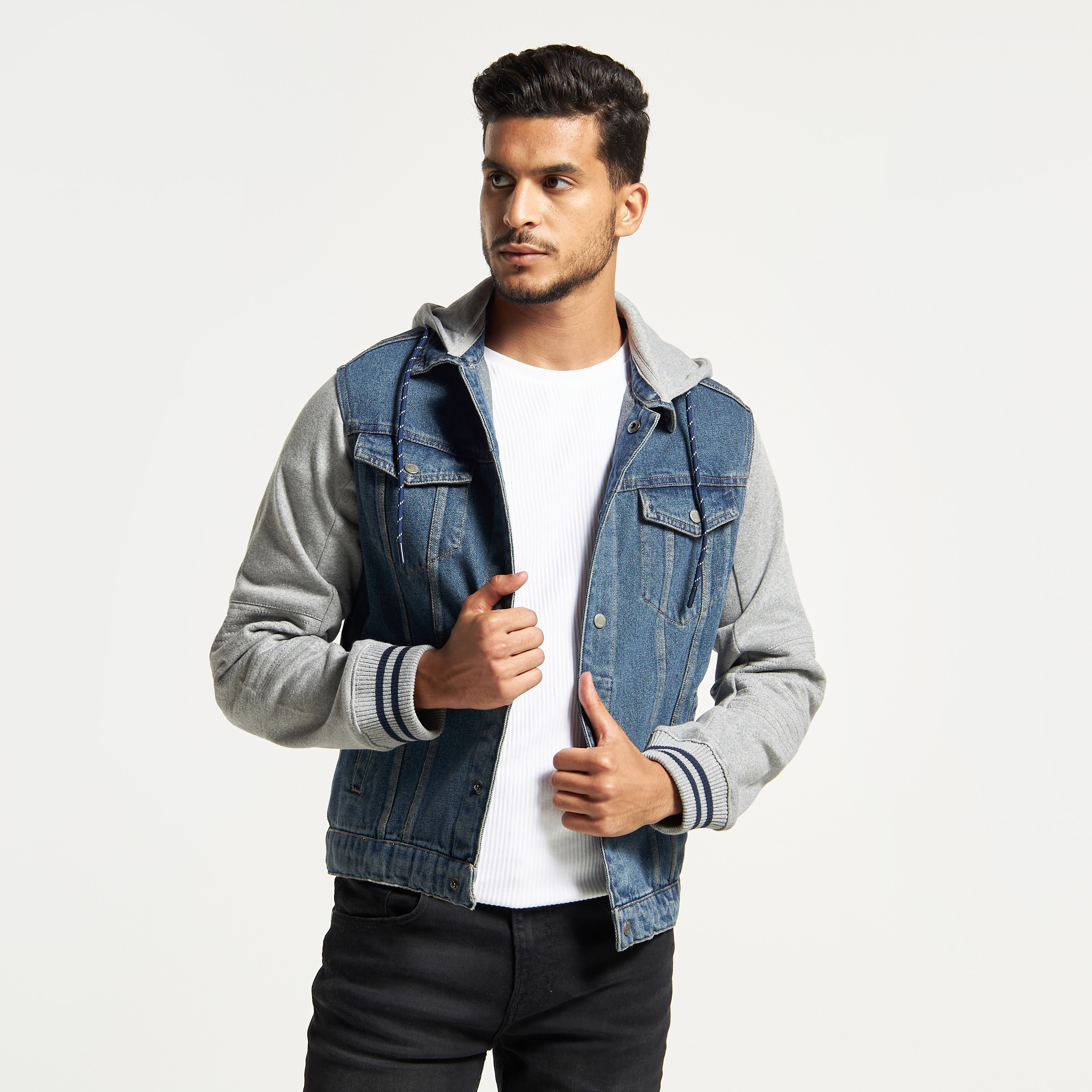 Hybrid hooded cheap trucker jacket