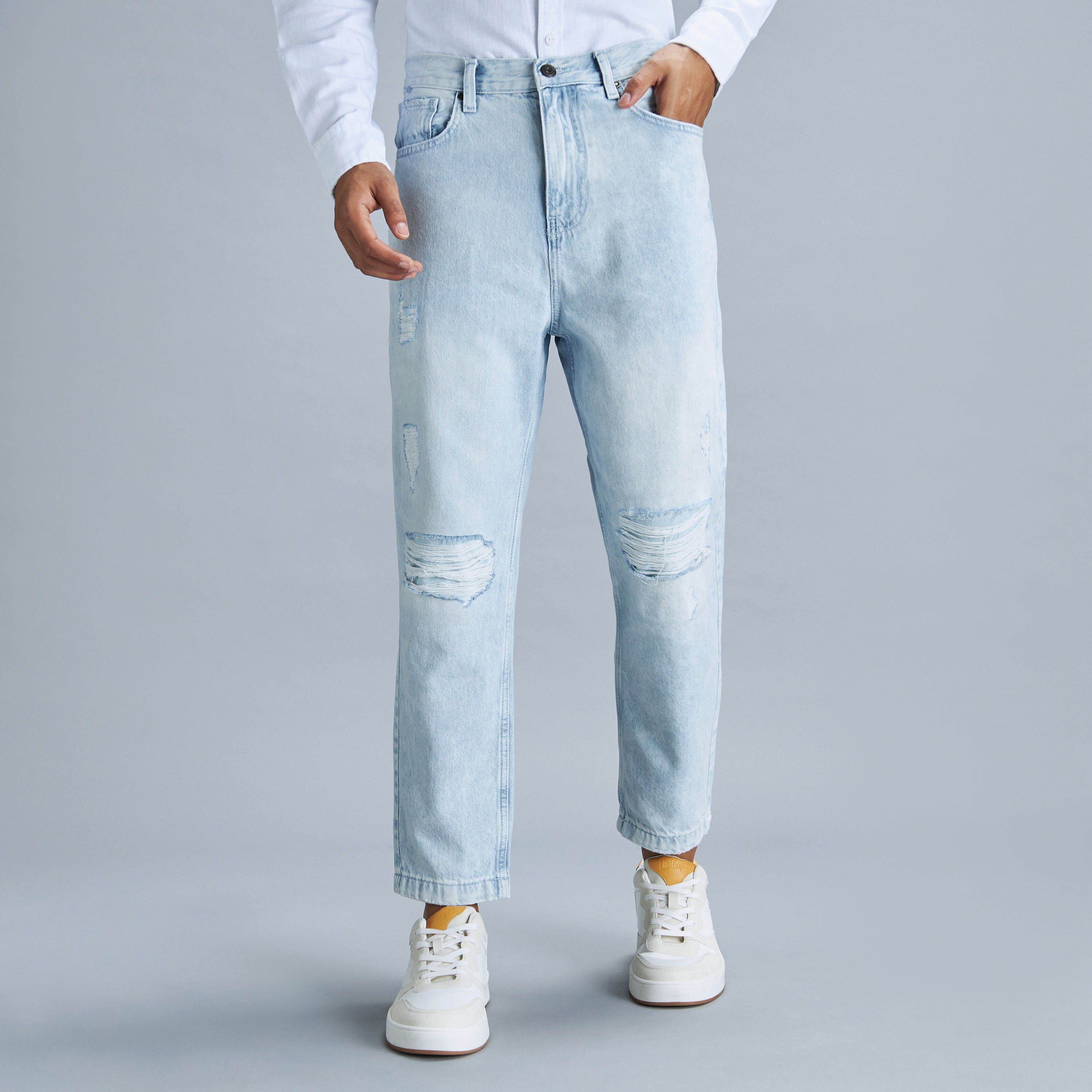 Buy Men's Ripped Slim Fit Cropped Jeans with Button Closure and Pockets  Online | Centrepoint Kuwait