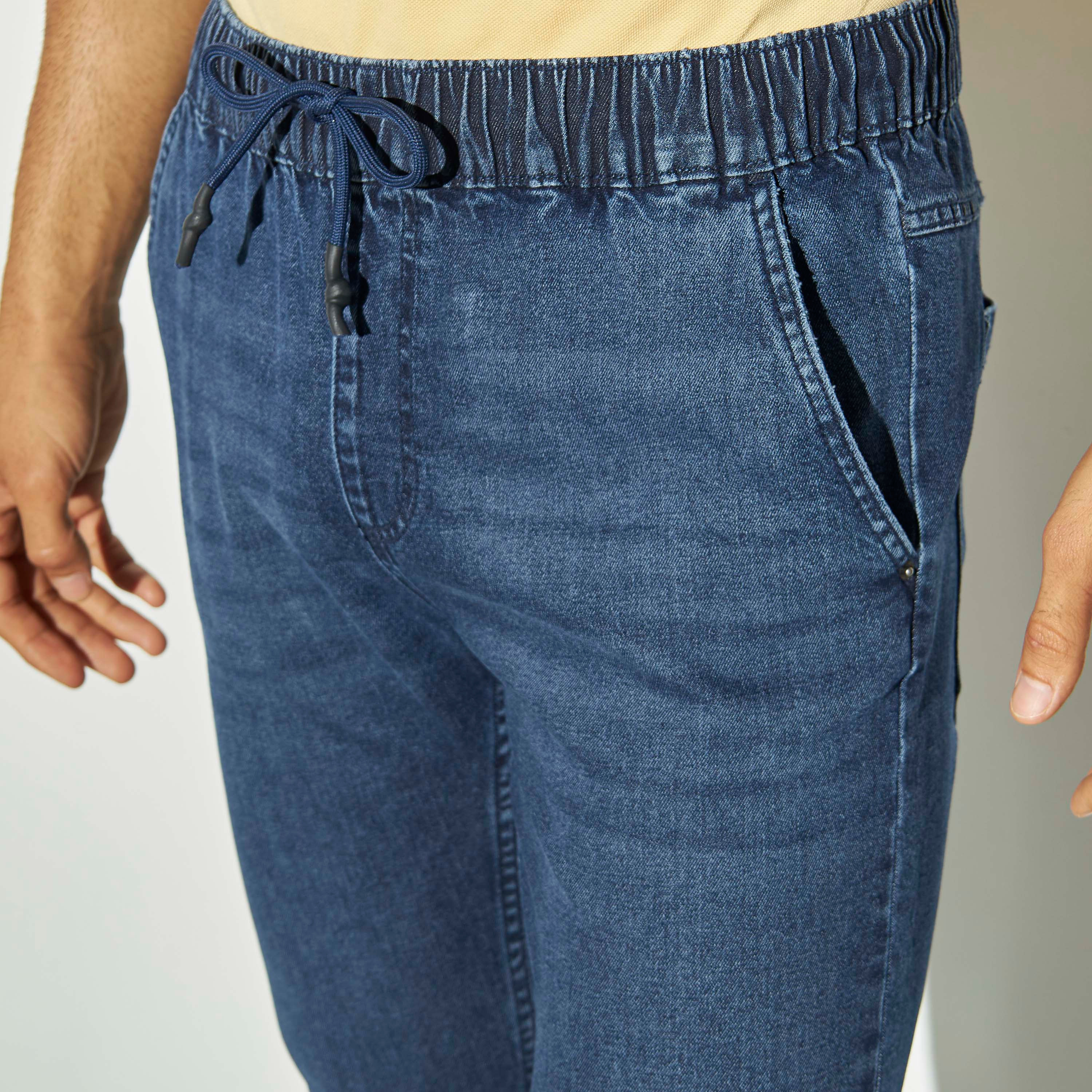 Relaxed Fit Solid Denim Joggers with Drawstring Closure and Pockets-men-clothing-bottoms-joggers-image-4