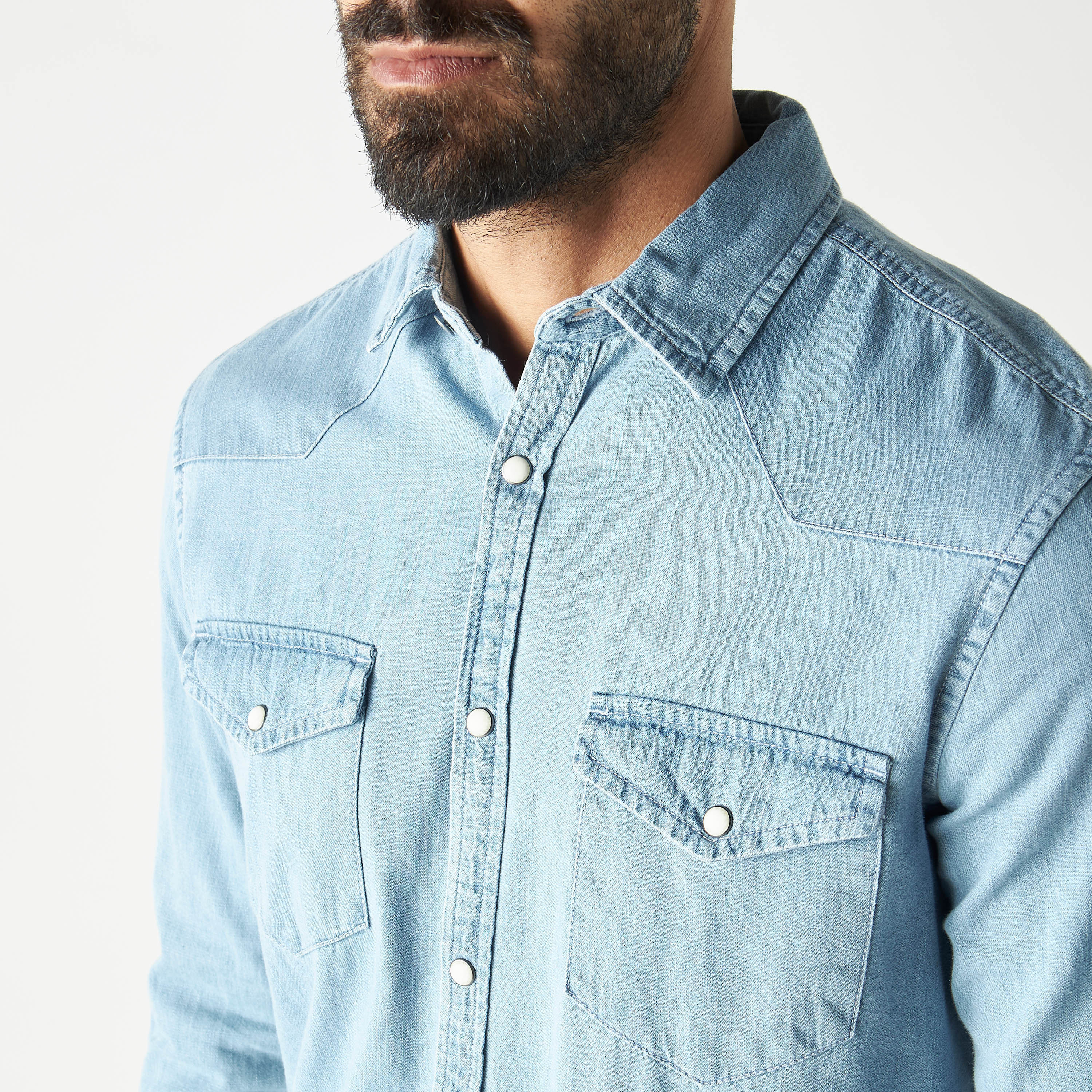 Blue denim hot sale dress shirt mens