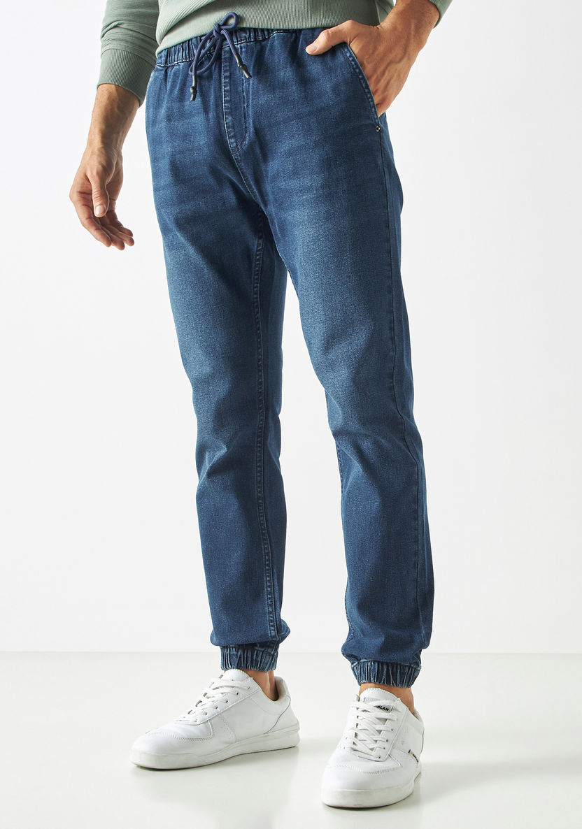 Buy Relaxed Fit Solid Denim Joggers with Drawstring Closure and Pockets