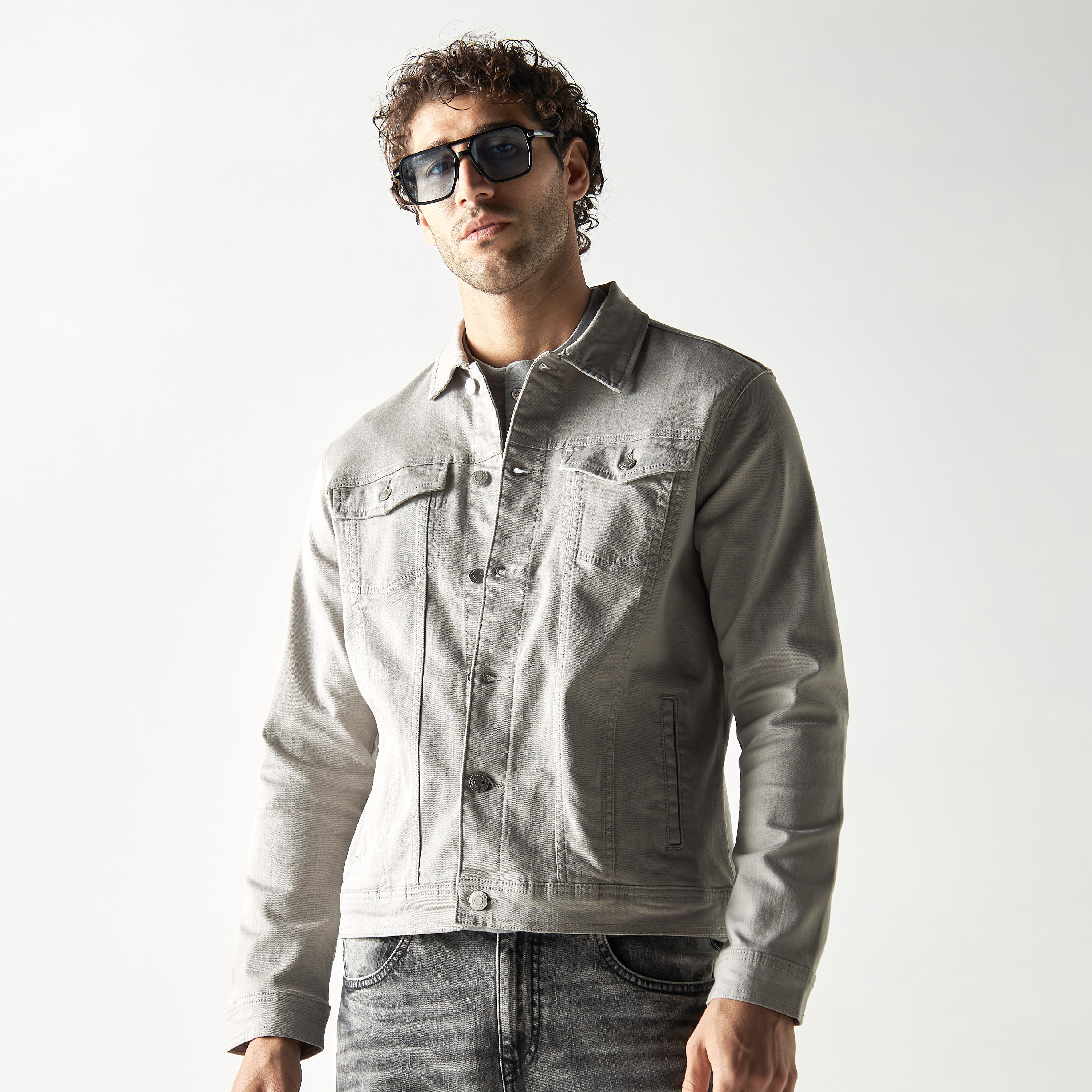 Jean jacket sales with gray sleeves