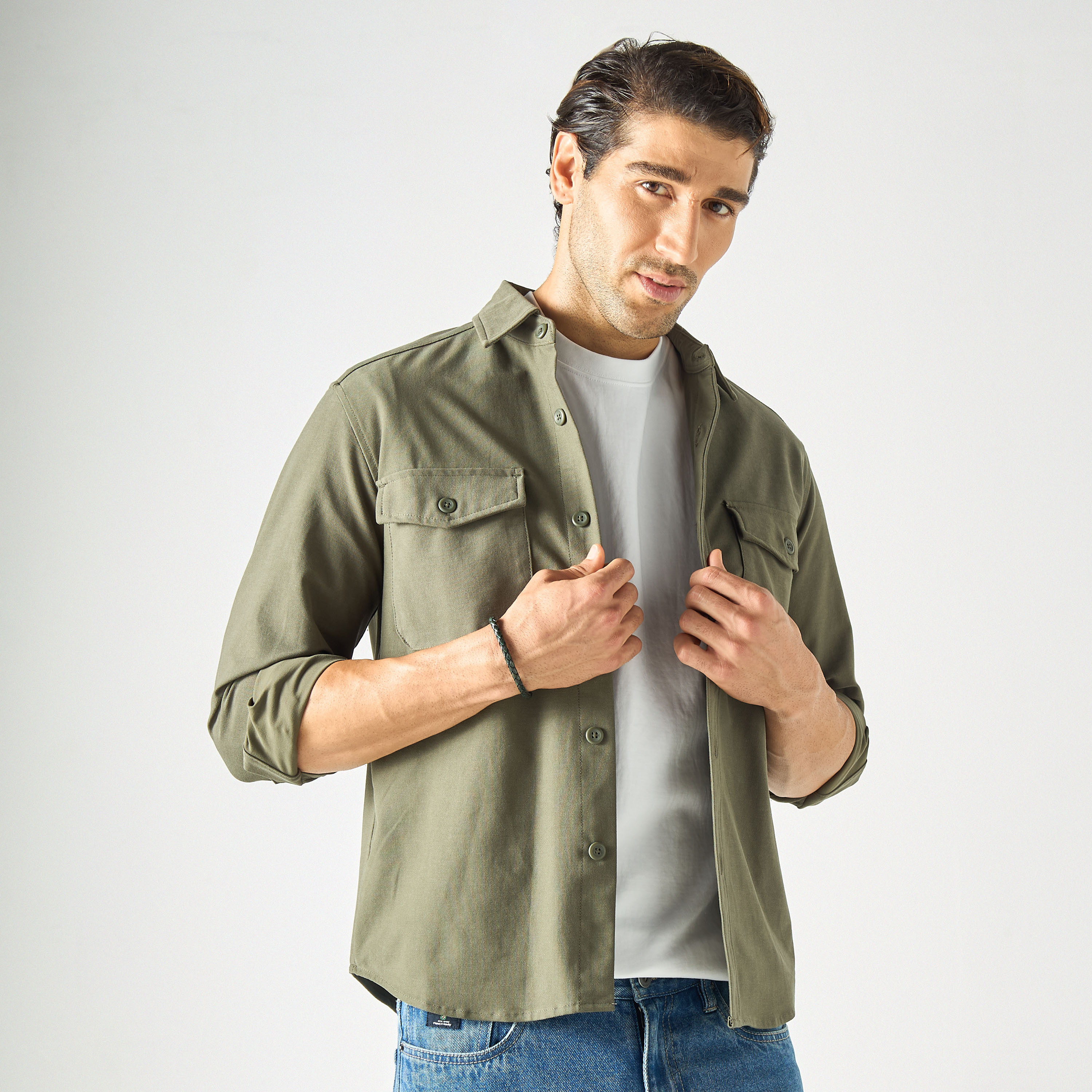 Buy Men s Denim Shacket with Roll Up Sleeves and Pockets Online Centrepoint KSA