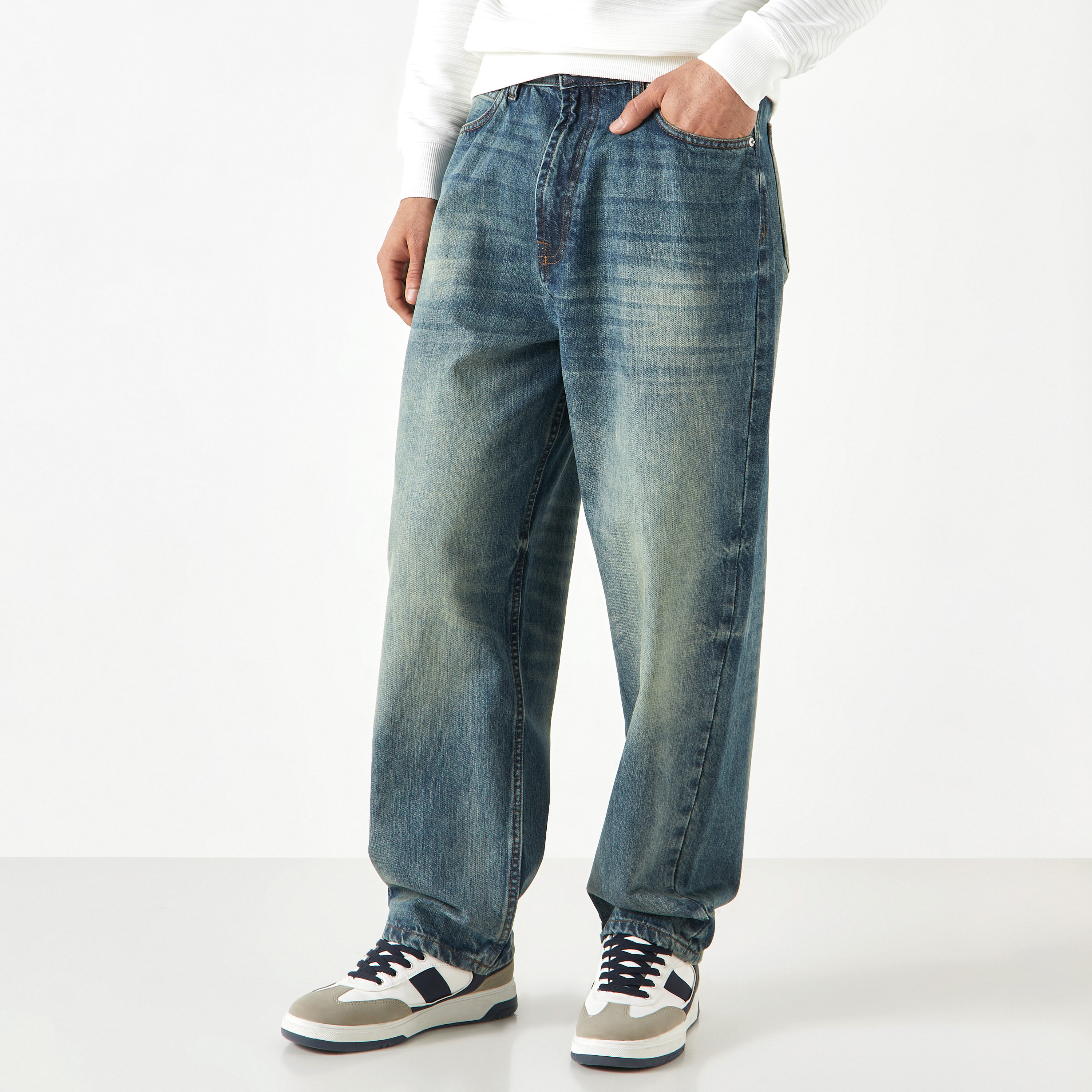 Menes JHYQDirty Mid Blue Baggy Jeans 似