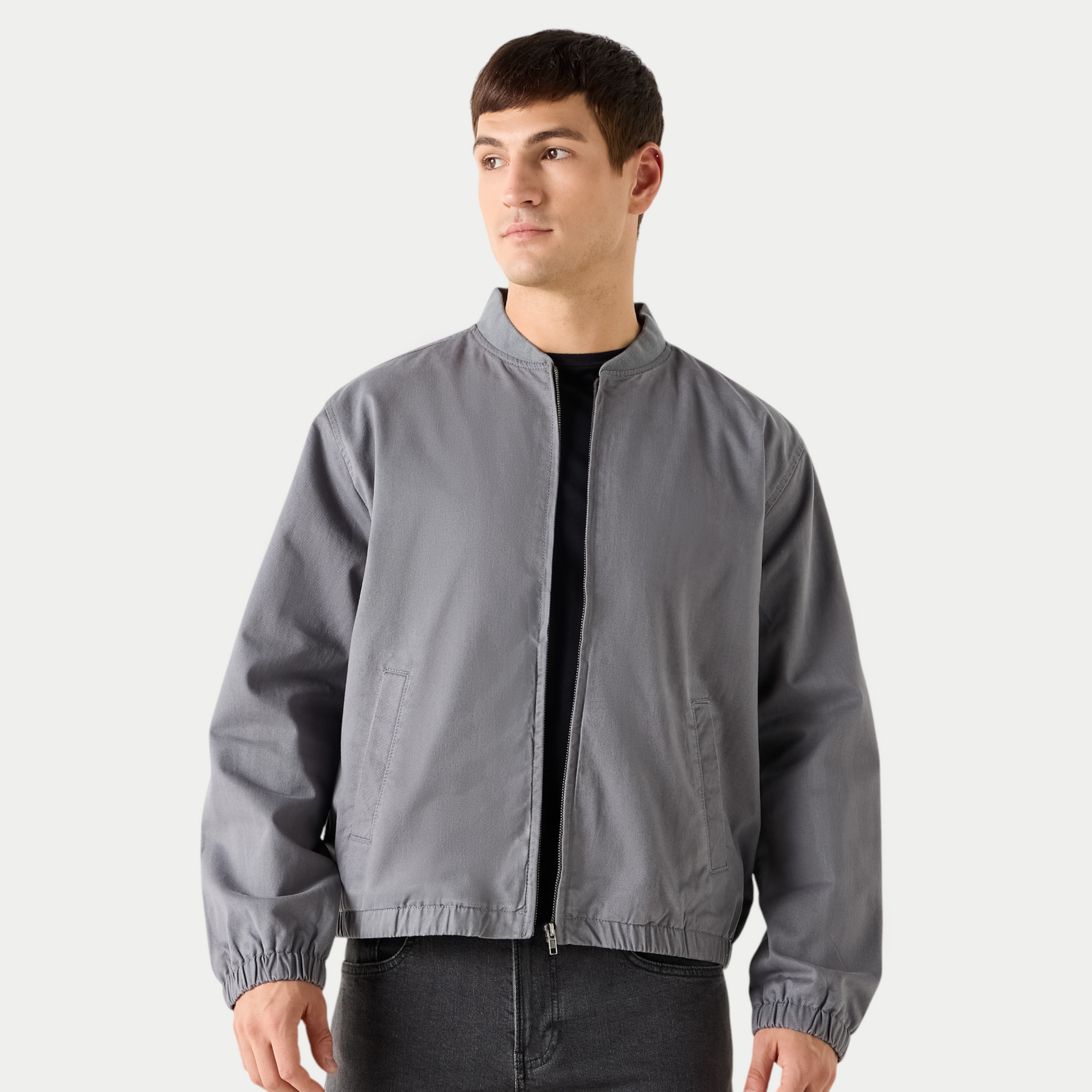 Shop Mandarin Collar Zip Through Bomber Jacket Online
