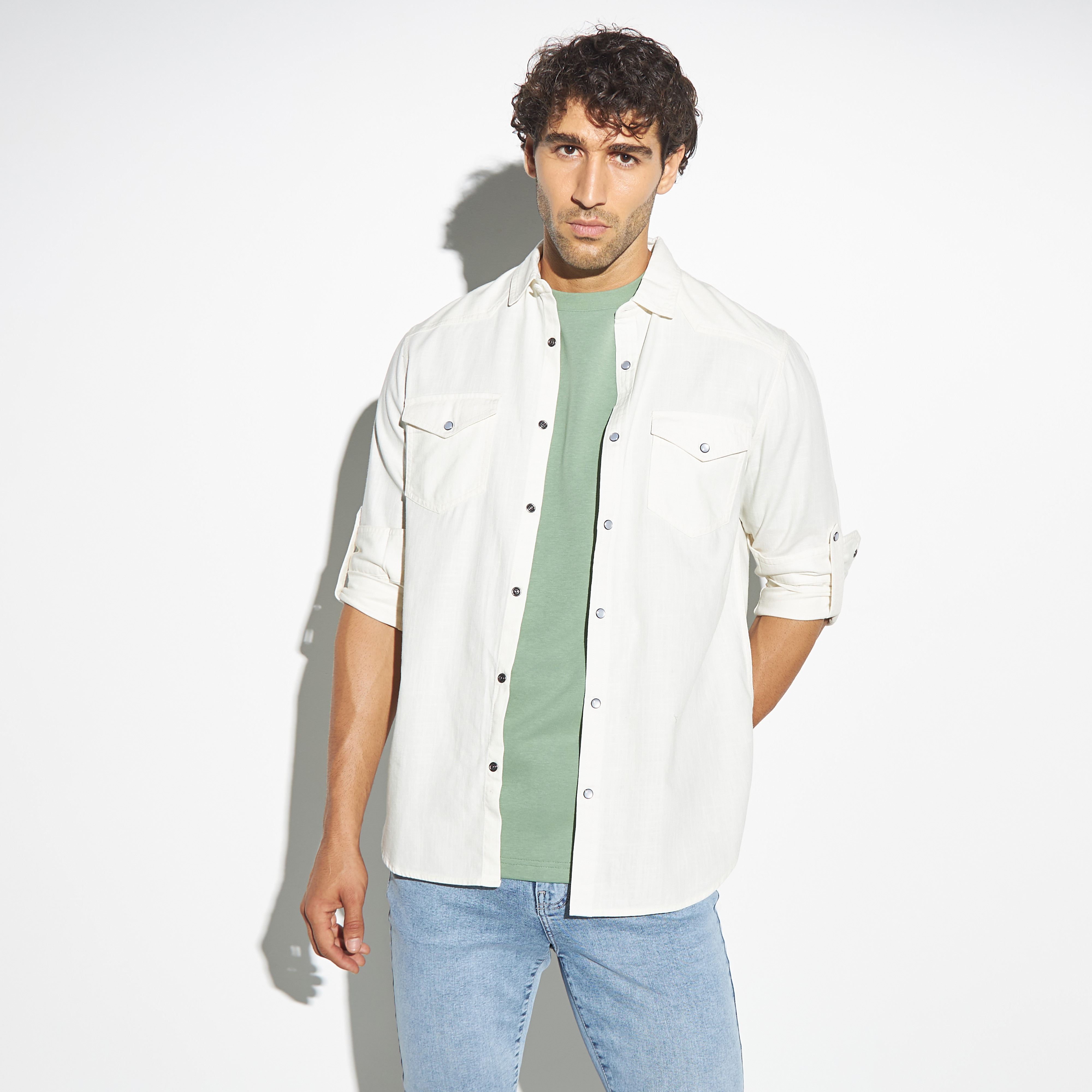 Buy Solid Denim Shirt with Long Sleeves and Pockets | Splash Bahrain