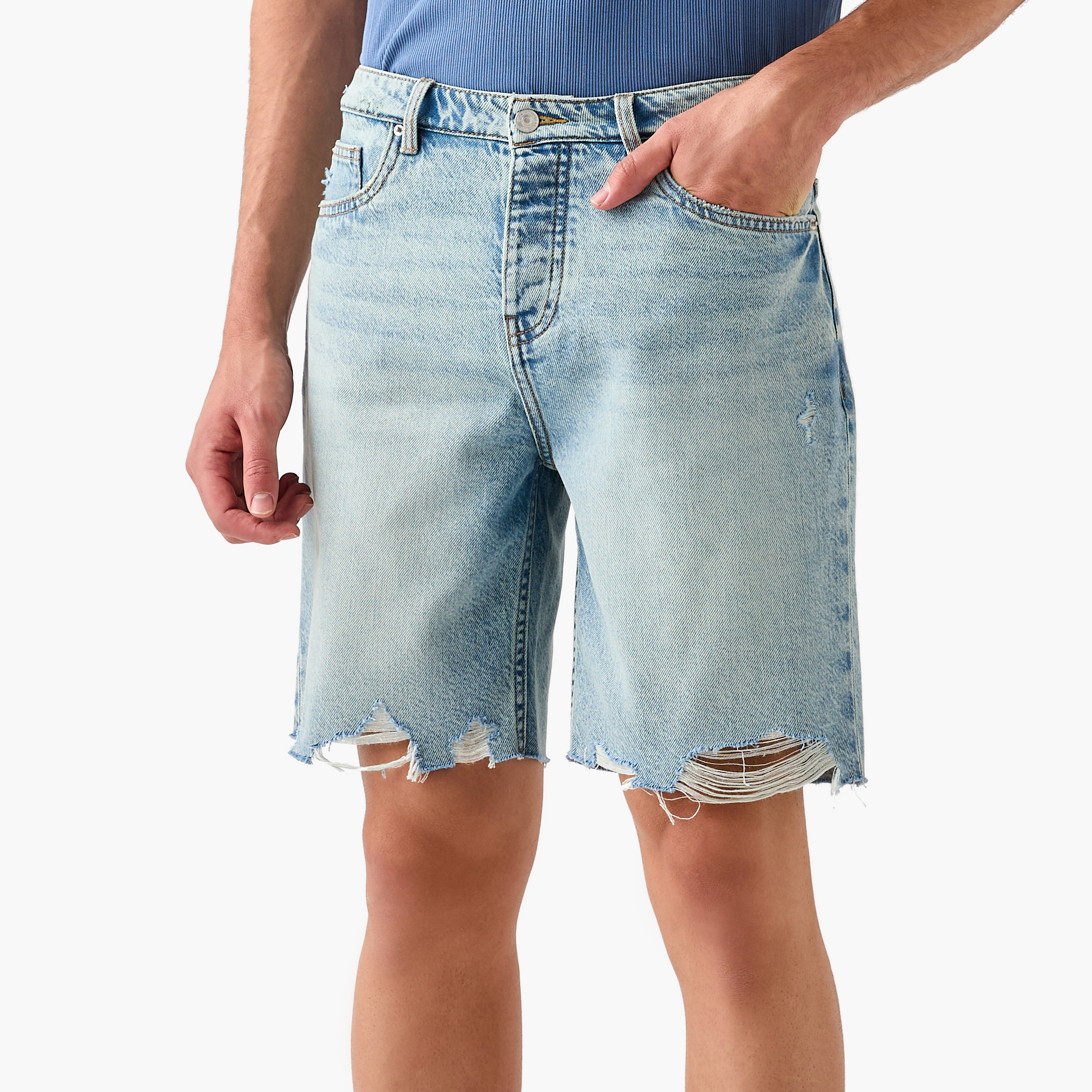 Distressed Denim Shorts with Pockets and Button Closure-men-clothing-bottoms-shorts-image-1