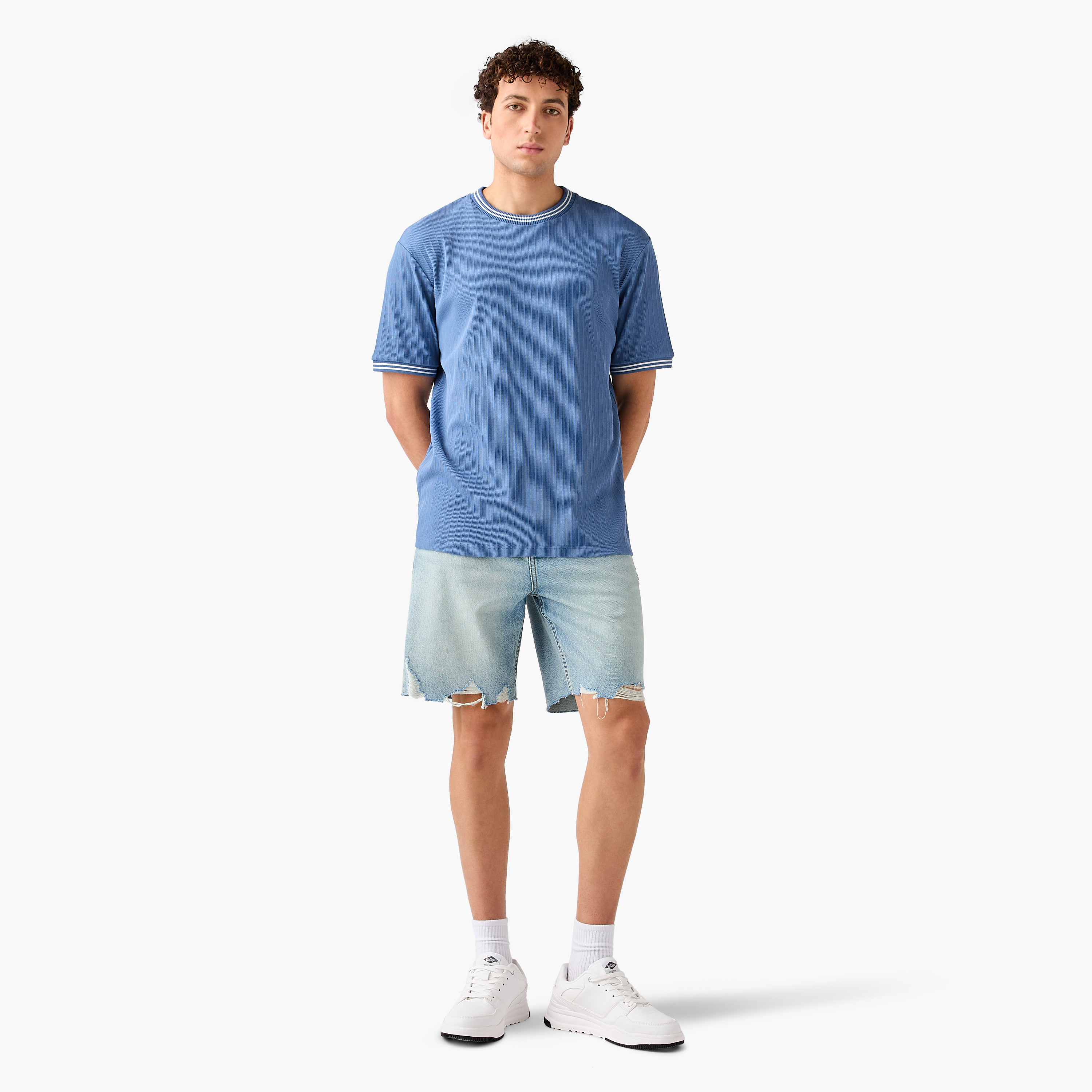 Distressed Denim Shorts with Pockets and Button Closure-men-clothing-bottoms-shorts-image-2
