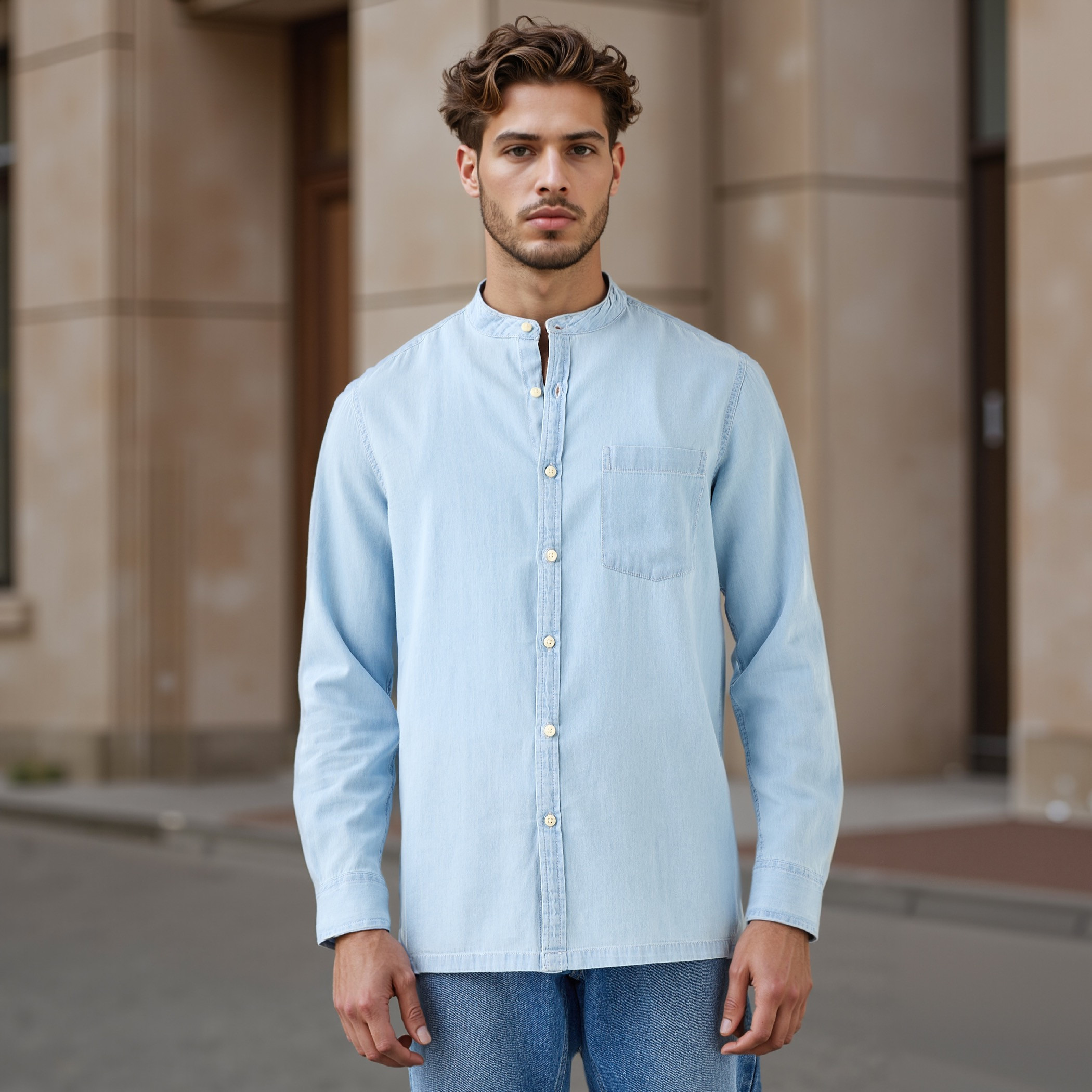 Regular Fit Mandarin Collar Shirt with Long Sleeves-men-clothing-shirts-image-1