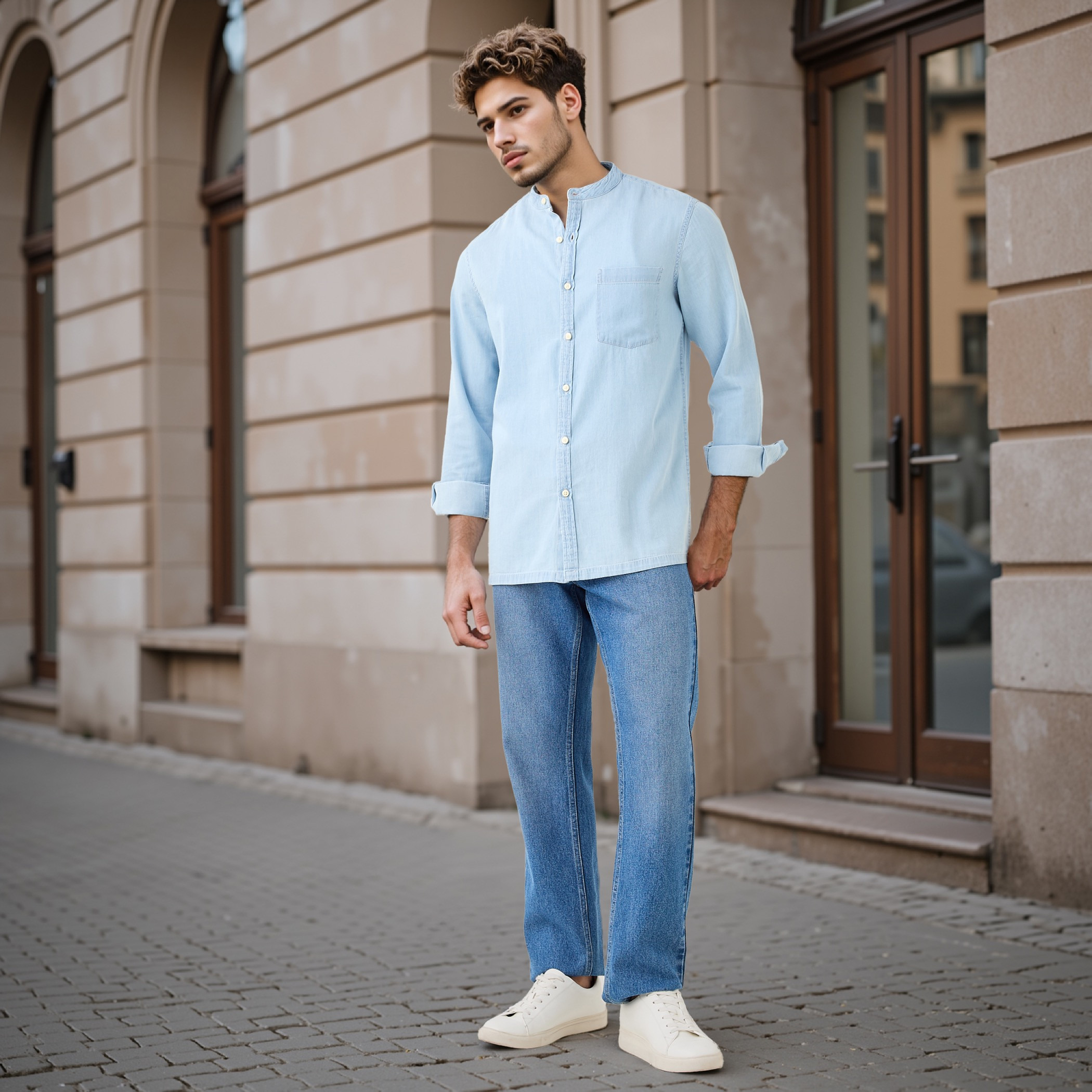 Regular Fit Mandarin Collar Shirt with Long Sleeves-men-clothing-shirts-image-2