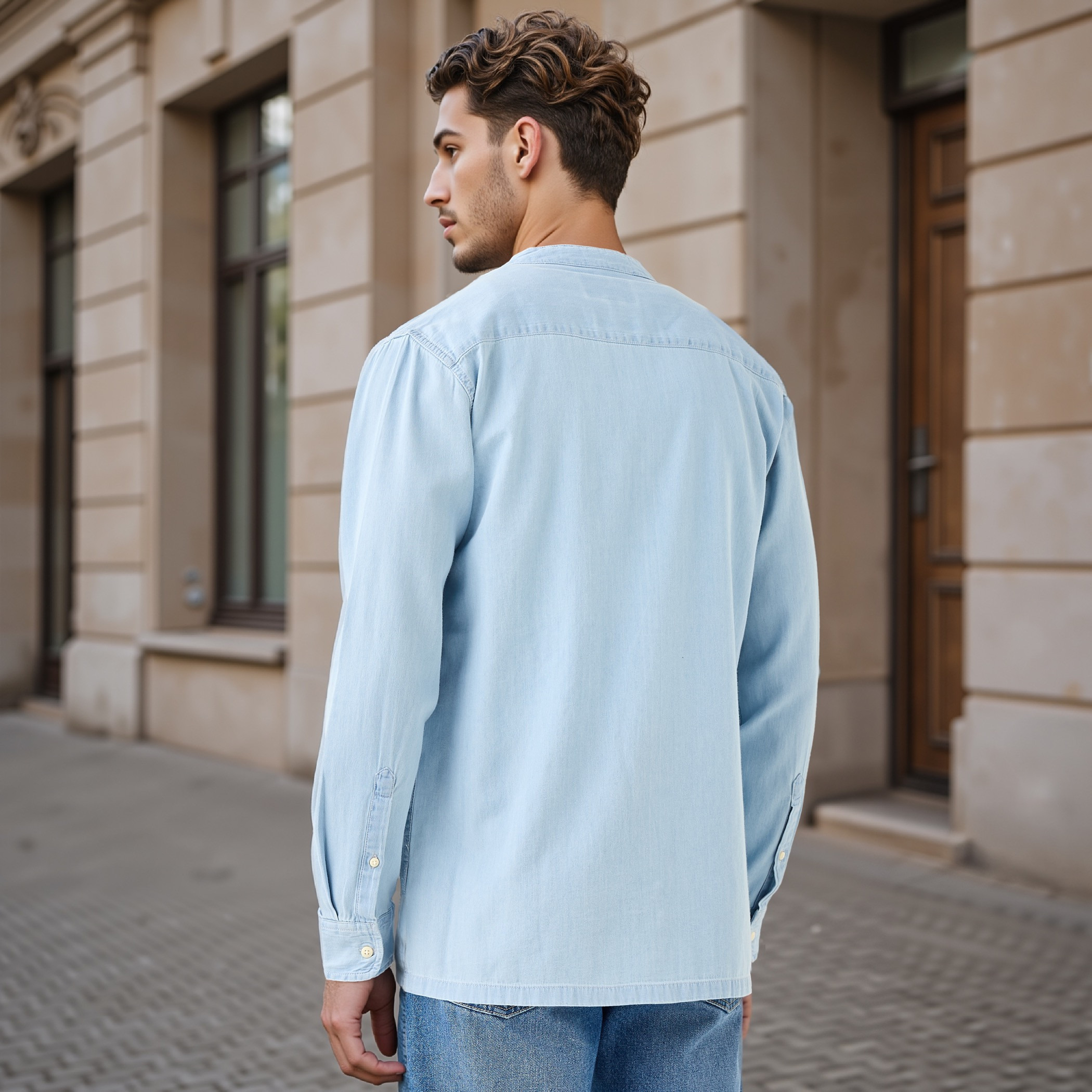 Regular Fit Mandarin Collar Shirt with Long Sleeves-men-clothing-shirts-image-3