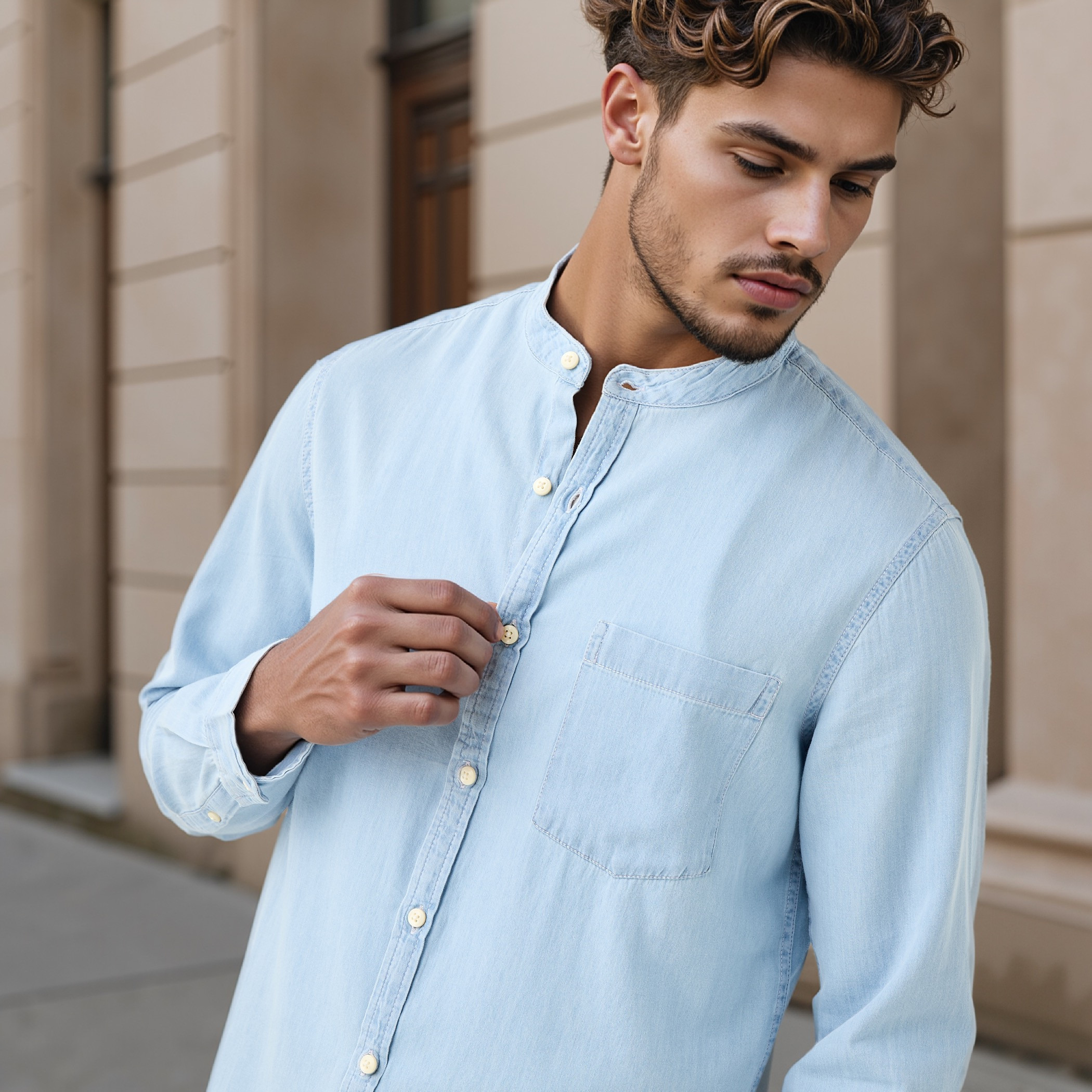 Regular Fit Mandarin Collar Shirt with Long Sleeves-men-clothing-shirts-image-4