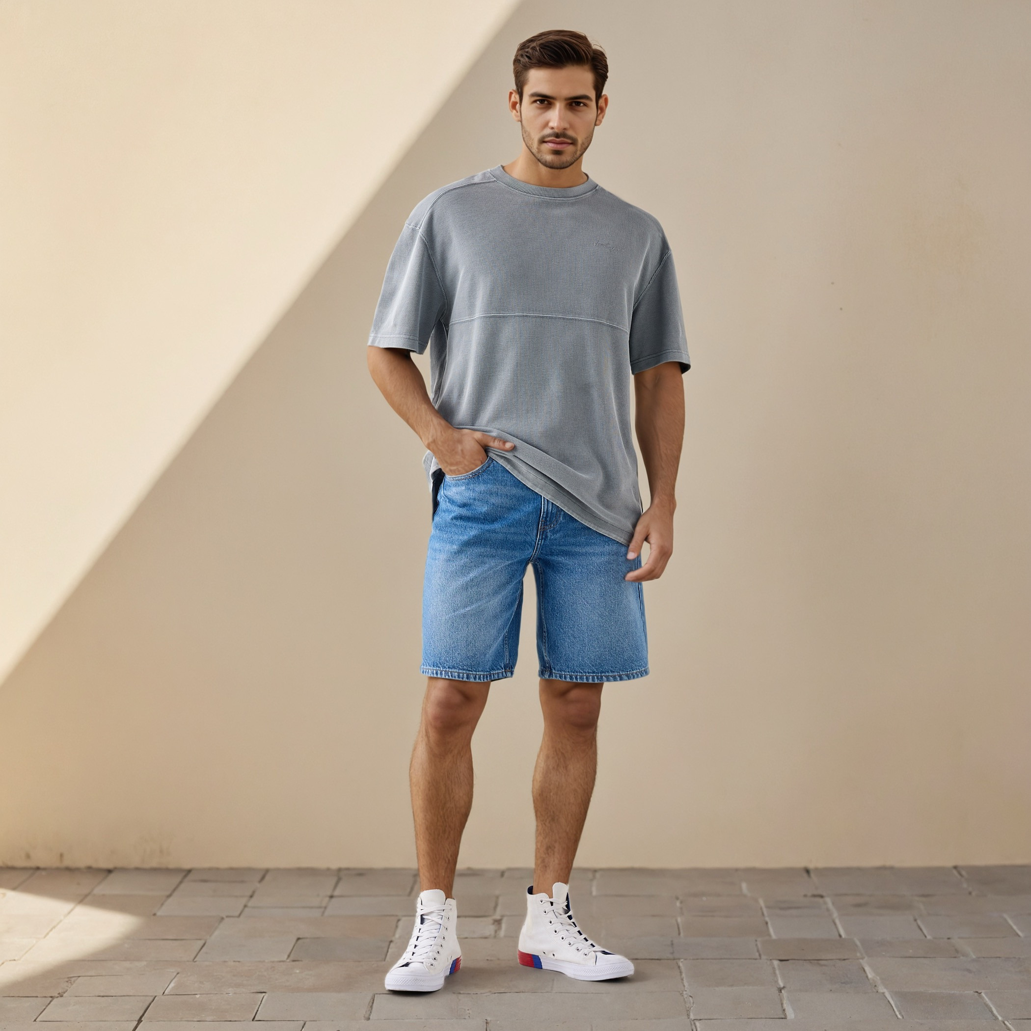 Denim Shorts with Button Closure and Pockets-men-clothing-bottoms-shorts-image-2