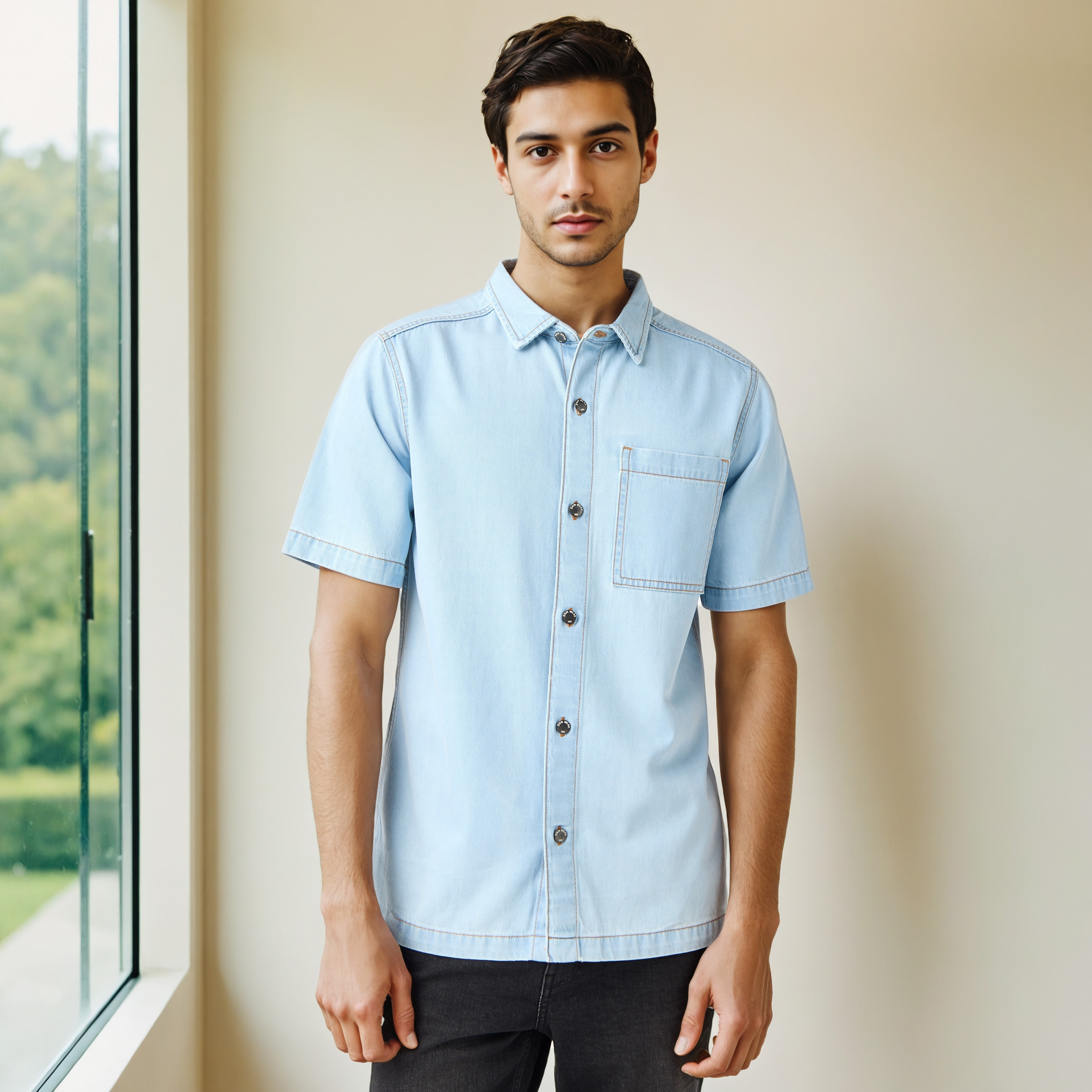 Regular Fit Collared Denim Shirt with Chest Pocket-men-clothing-shirts-image-1