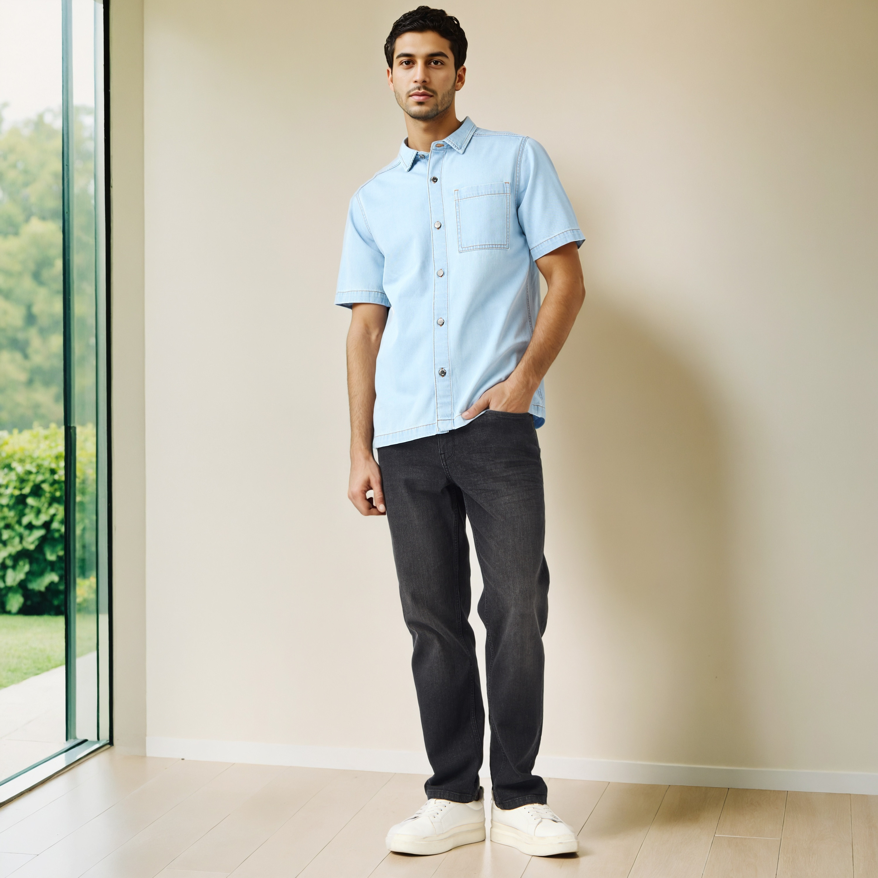 Regular Fit Collared Denim Shirt with Chest Pocket-men-clothing-shirts-image-2
