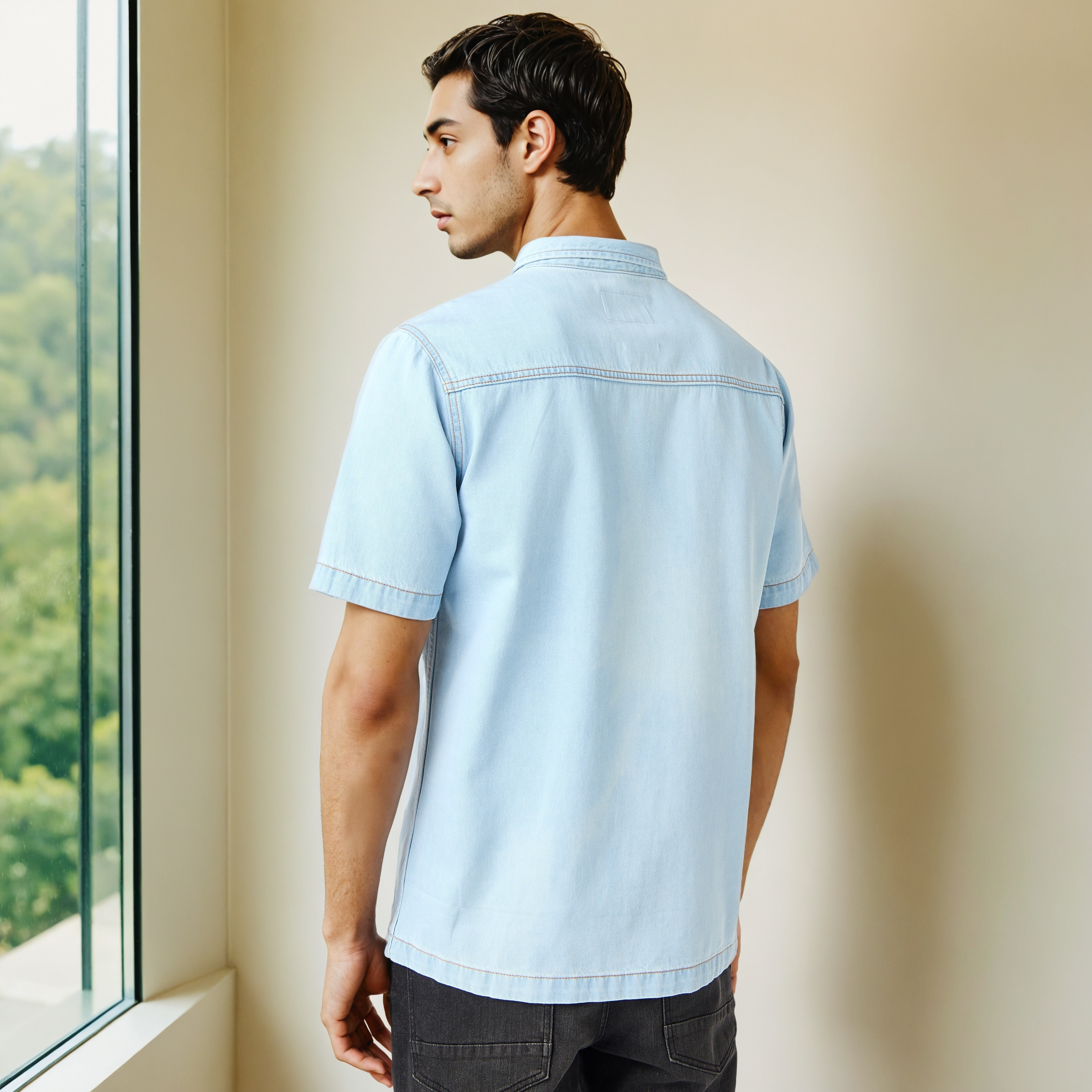 Regular Fit Collared Denim Shirt with Chest Pocket-men-clothing-shirts-image-3