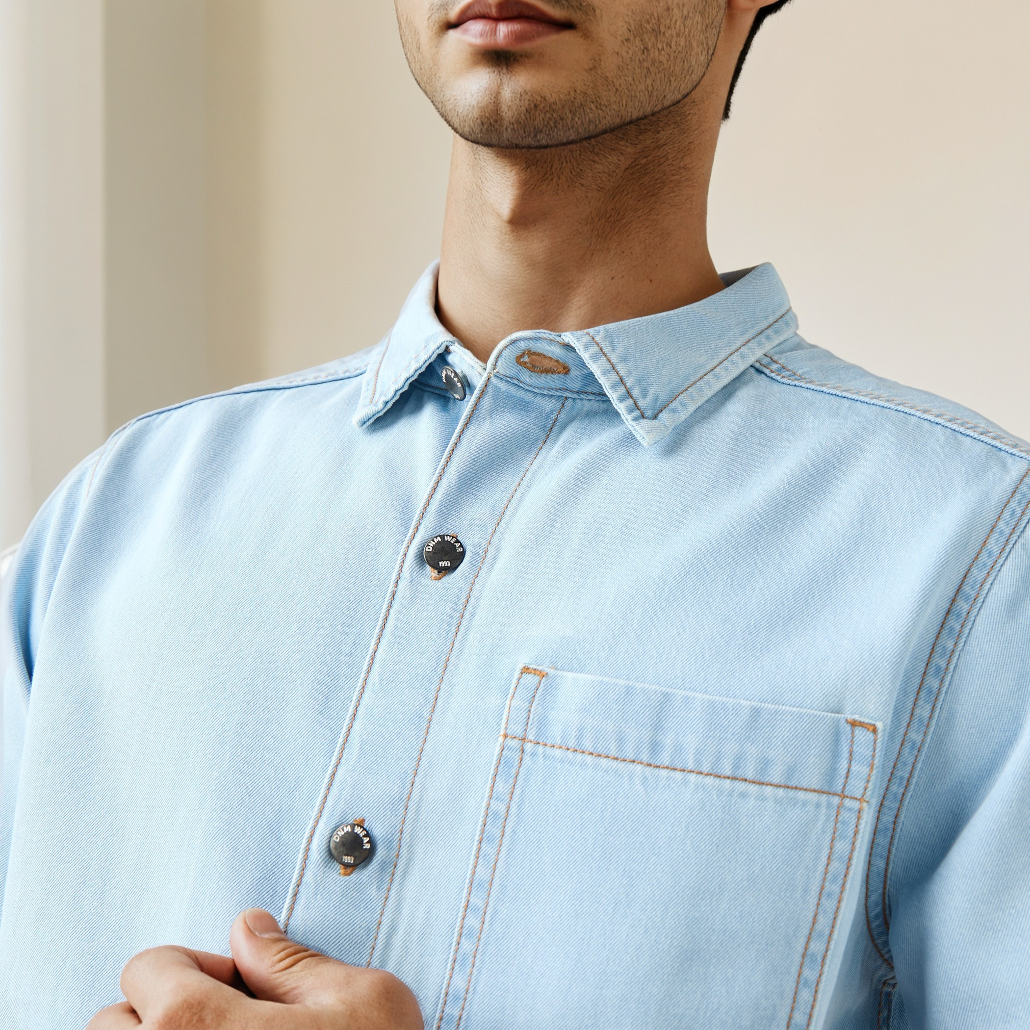 Regular Fit Collared Denim Shirt with Chest Pocket-men-clothing-shirts-image-4