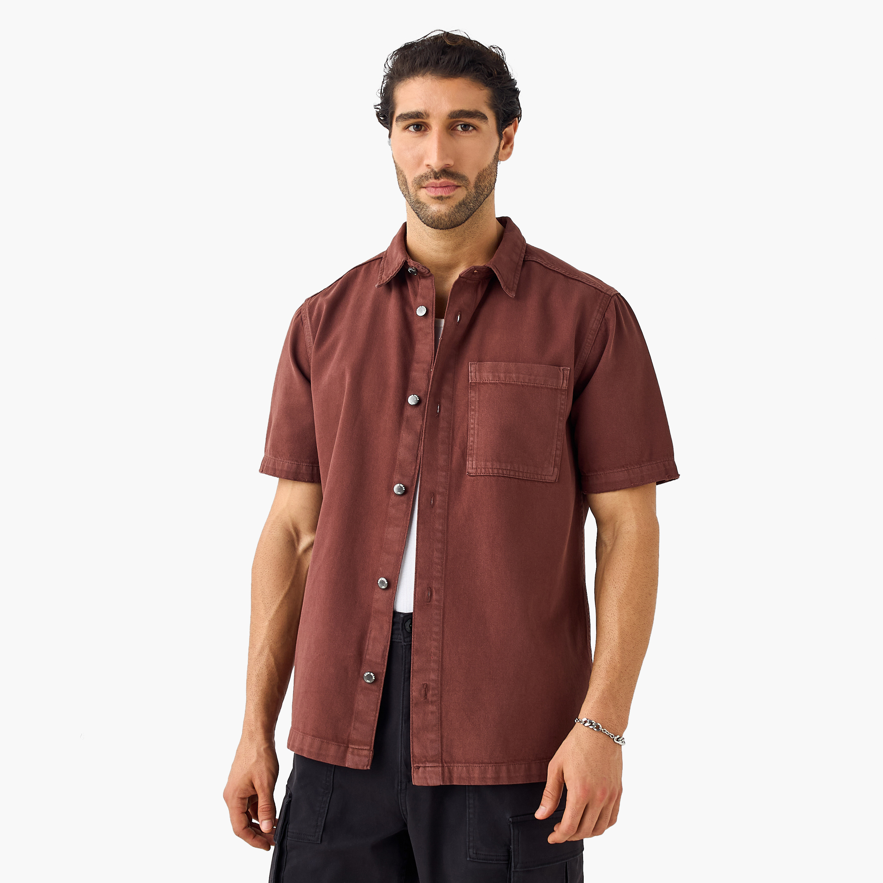 Regular Fit Collared Denim Shirt with Chest Pocket-men-clothing-shirts-image-1