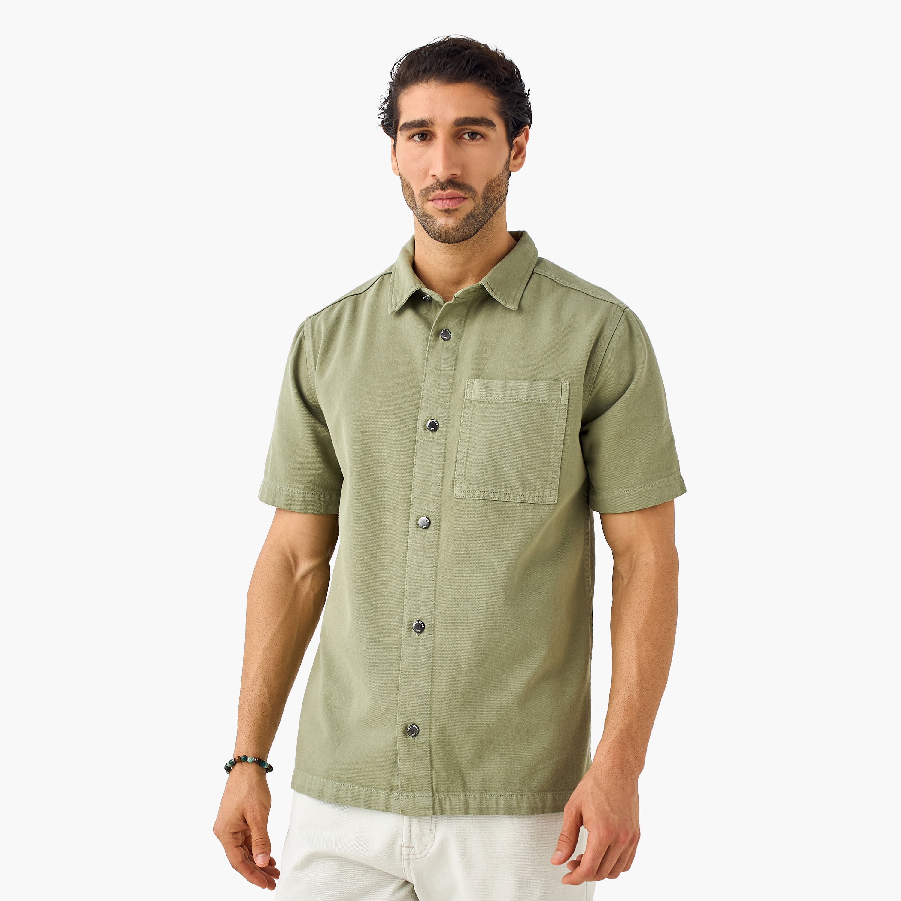 Regular Fit Collared Denim Shirt with Chest Pocket-men-clothing-shirts-image-1