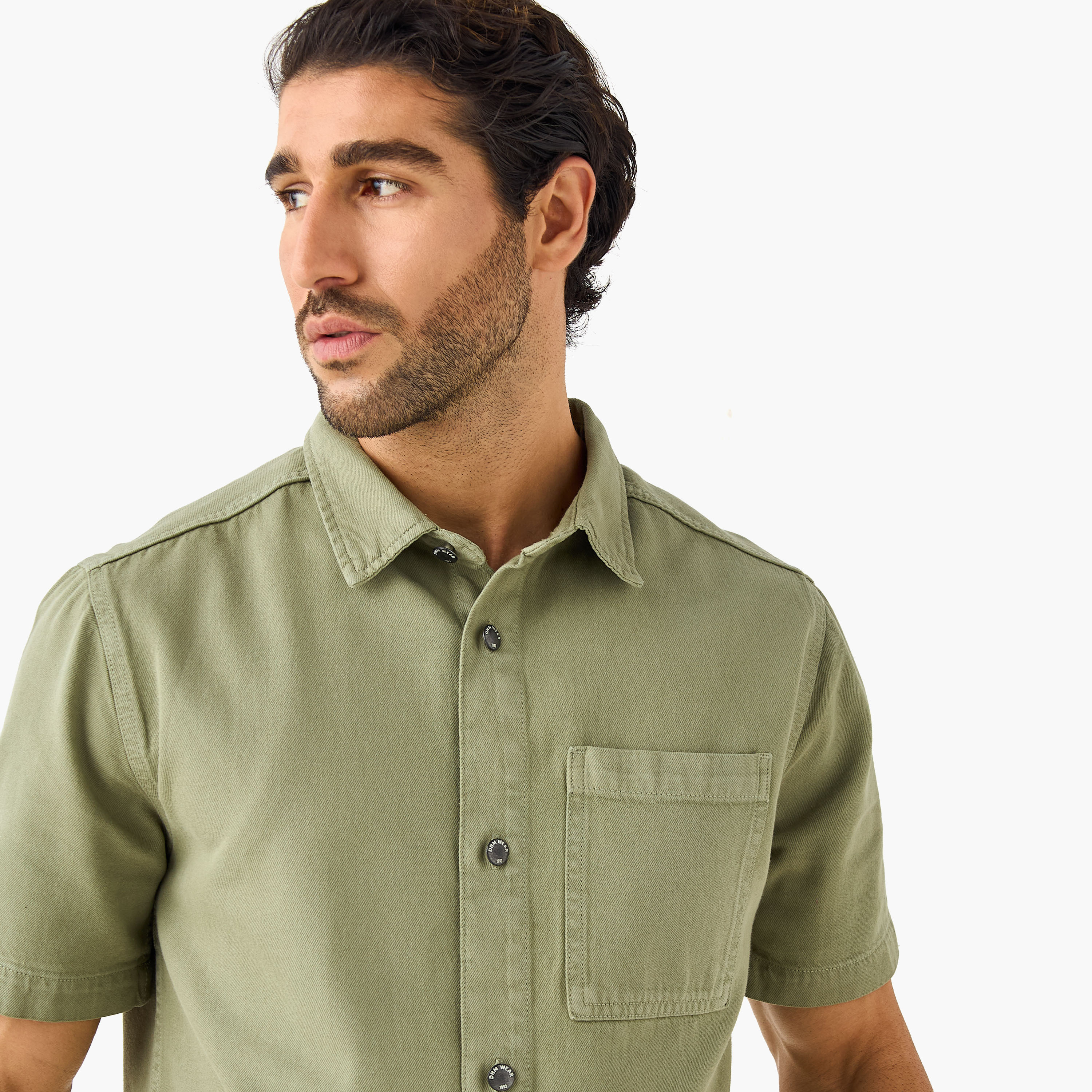 Regular Fit Collared Denim Shirt with Chest Pocket-men-clothing-shirts-image-4