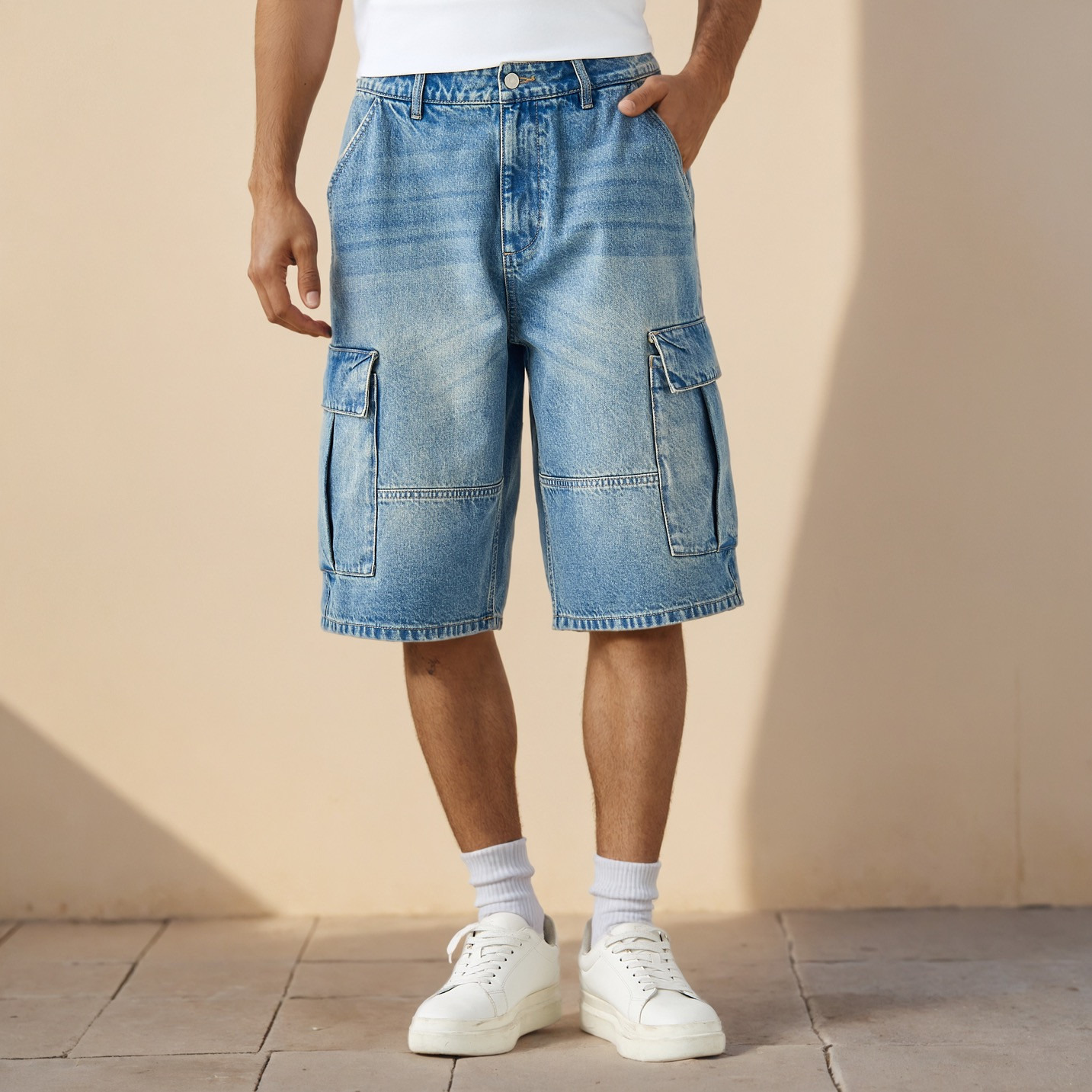 Plain Denim Cargo Shorts with Pockets-men-clothing-bottoms-shorts-image-1