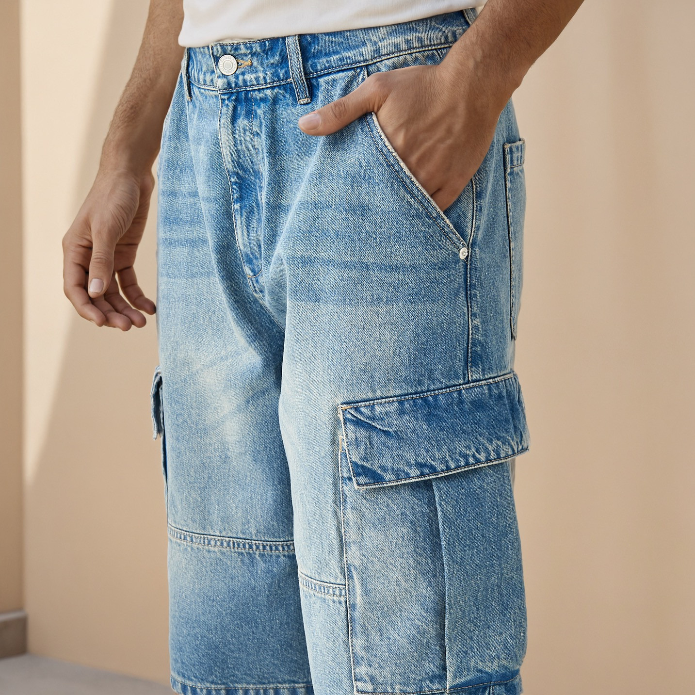 Plain Denim Cargo Shorts with Pockets-men-clothing-bottoms-shorts-image-4