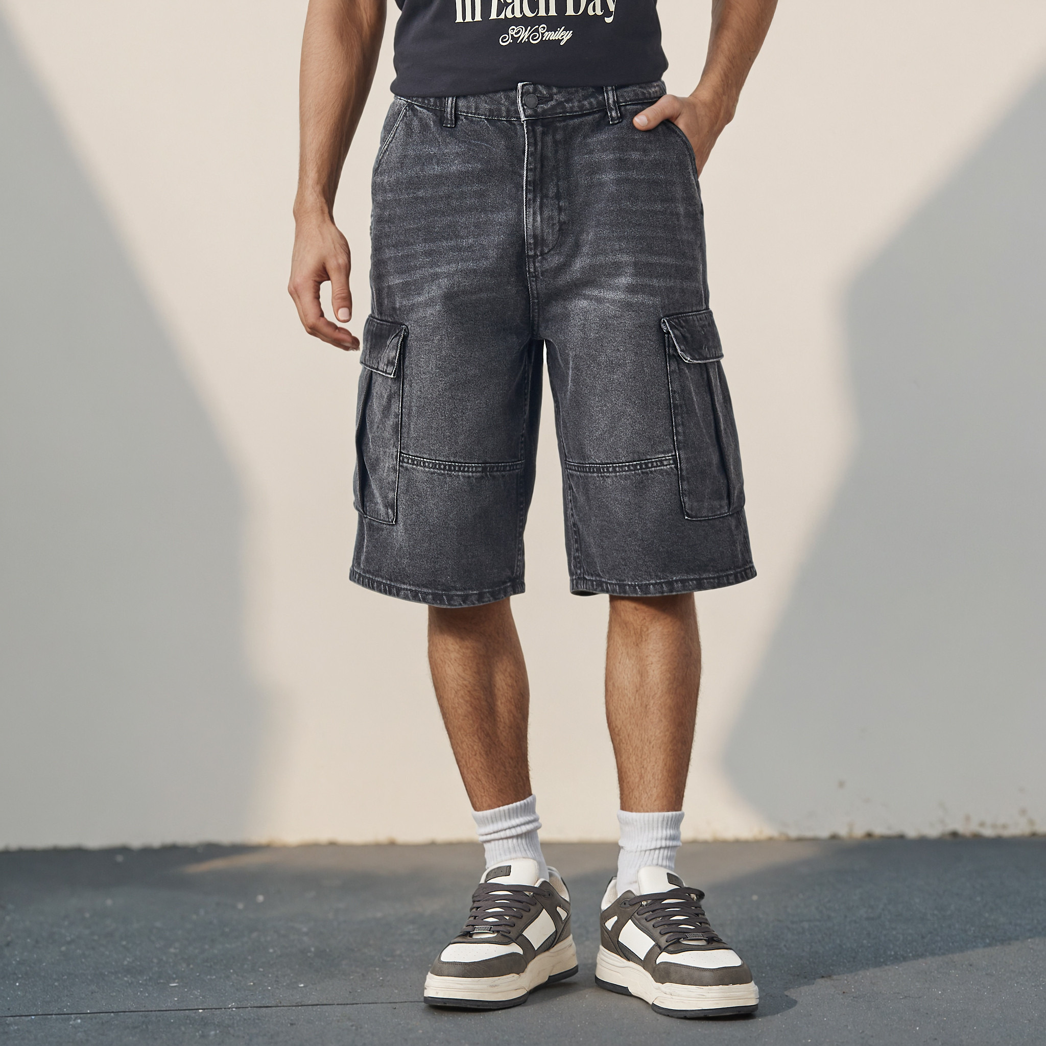 Plain Denim Cargo Shorts with Pockets-men-clothing-bottoms-shorts-image-1