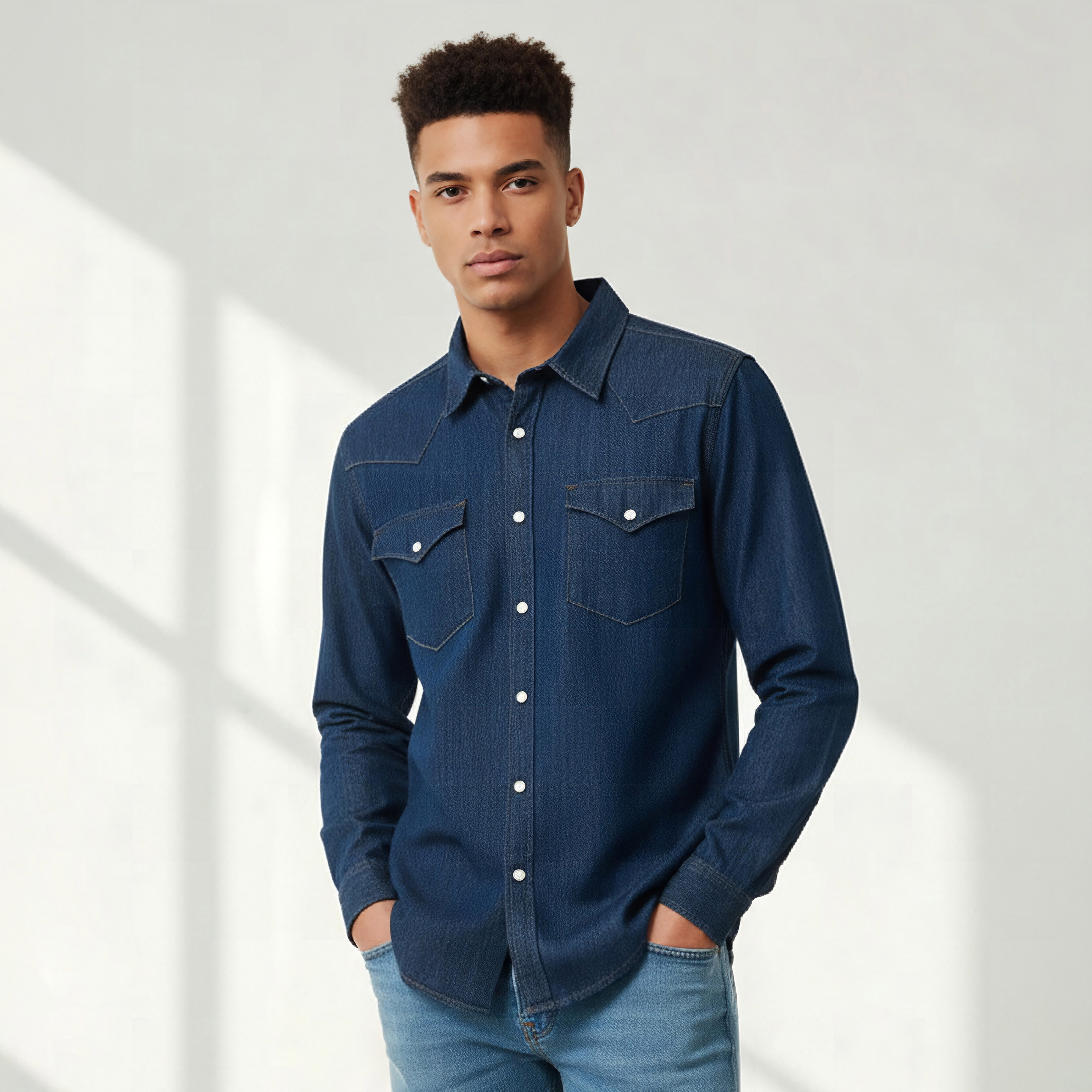 قميص دينم بياقة وقصّة عادية وأكمام طويلة للرجال-men-clothing-shirts-image-1
