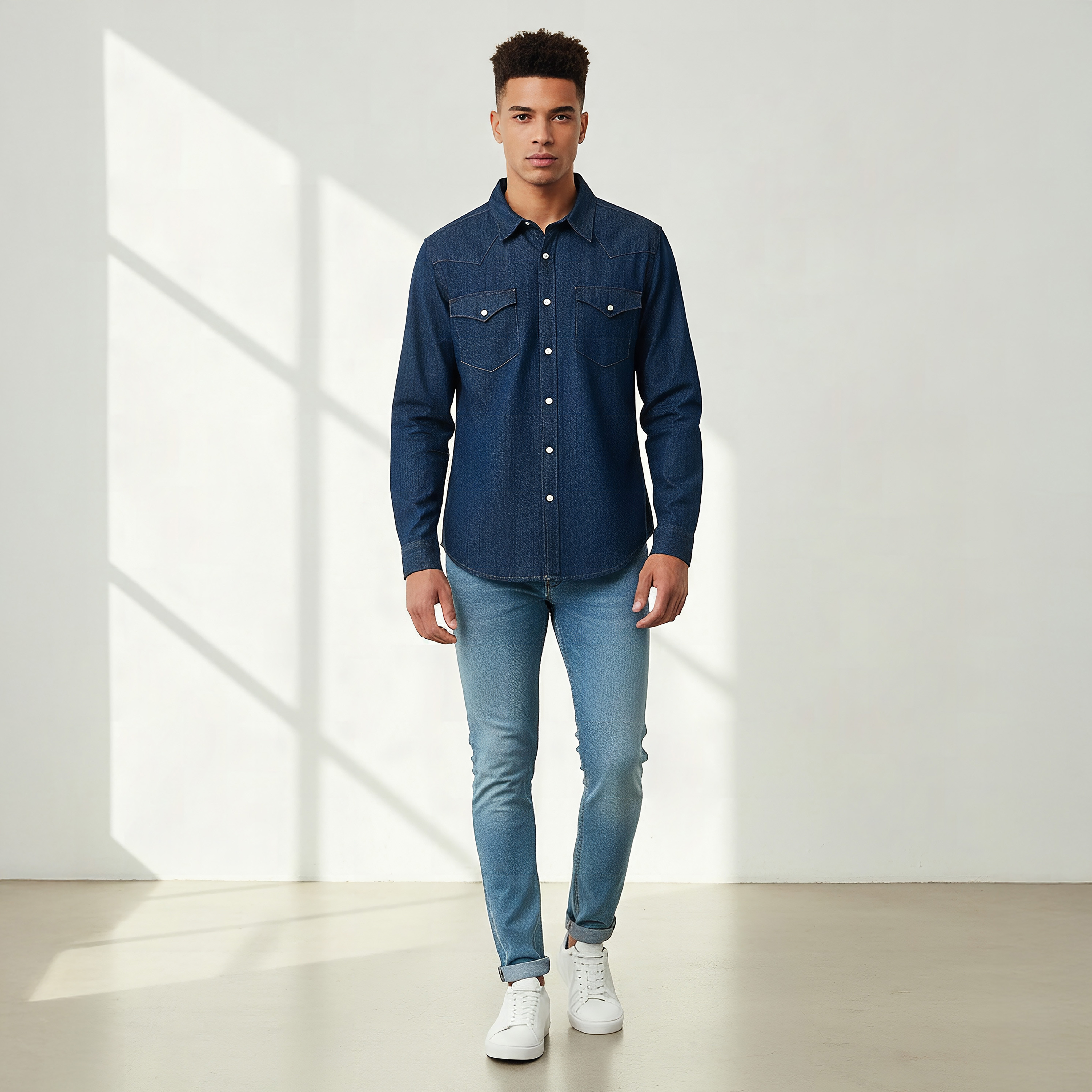 قميص دينم بياقة وقصّة عادية وأكمام طويلة للرجال-men-clothing-shirts-image-2