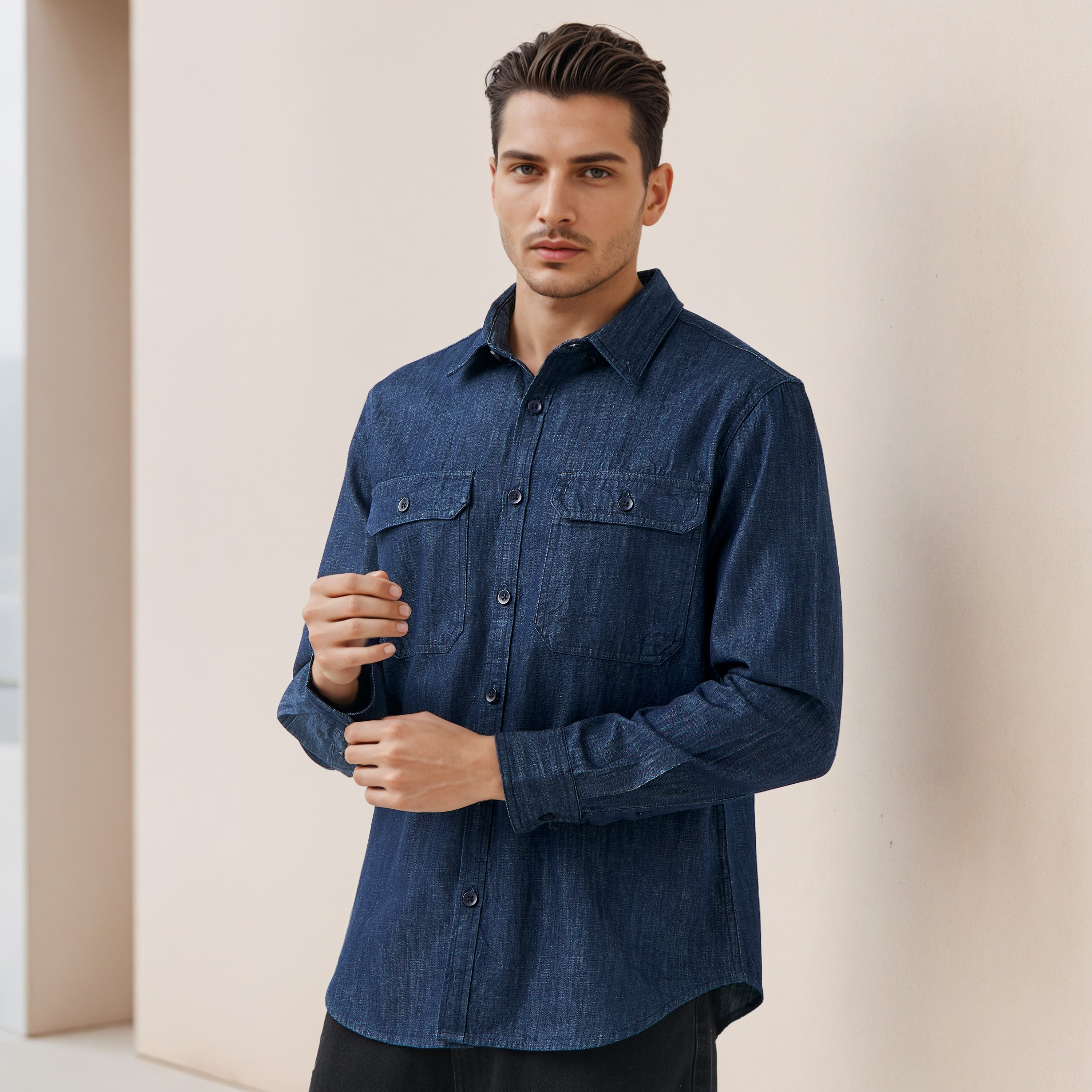 قميص بقصة عادية من مزيج الكتان-men-clothing-shirts-image-1
