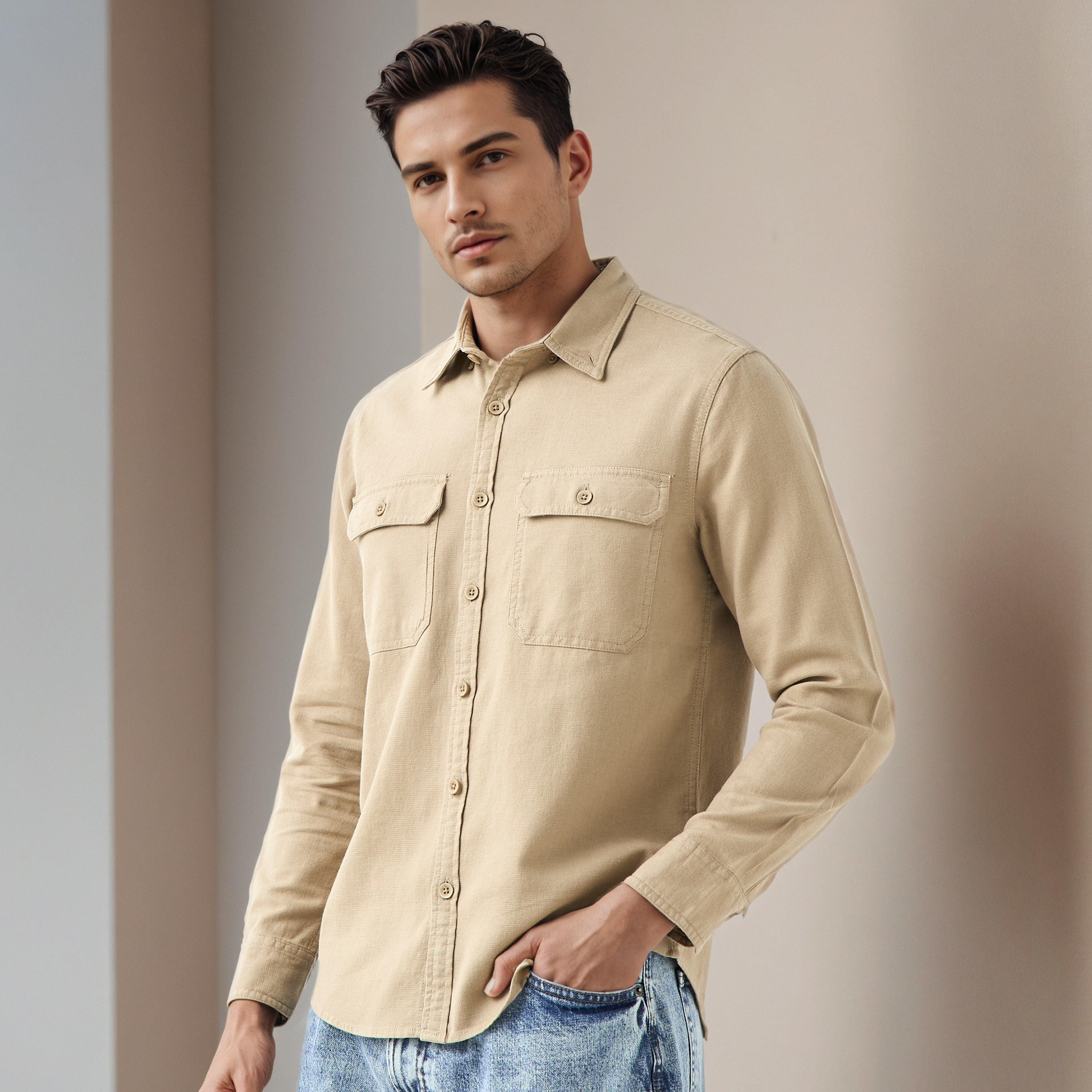 قميص بقصة عادية من مزيج الكتان-men-clothing-shirts-image-1