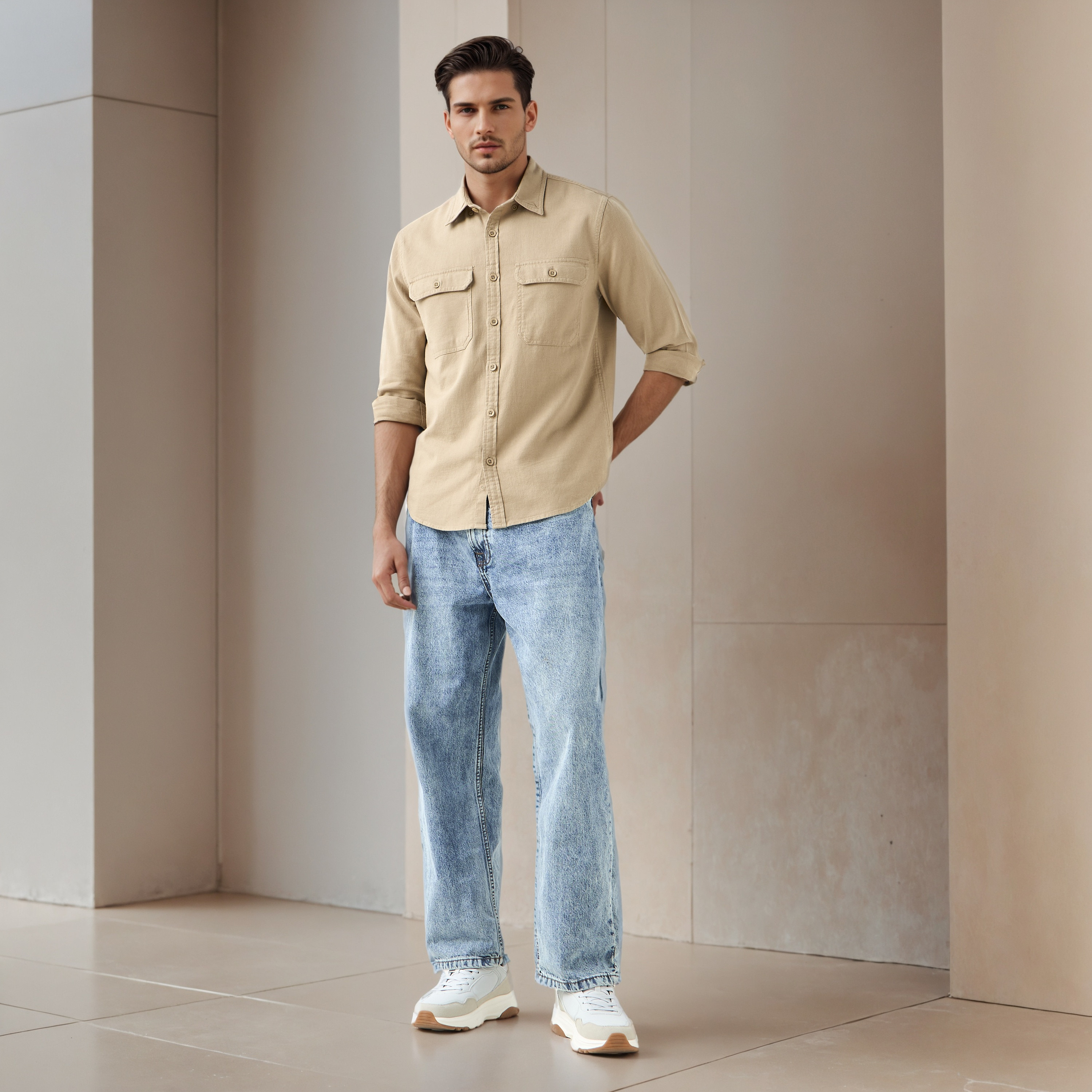 قميص بقصة عادية من مزيج الكتان-men-clothing-shirts-image-2