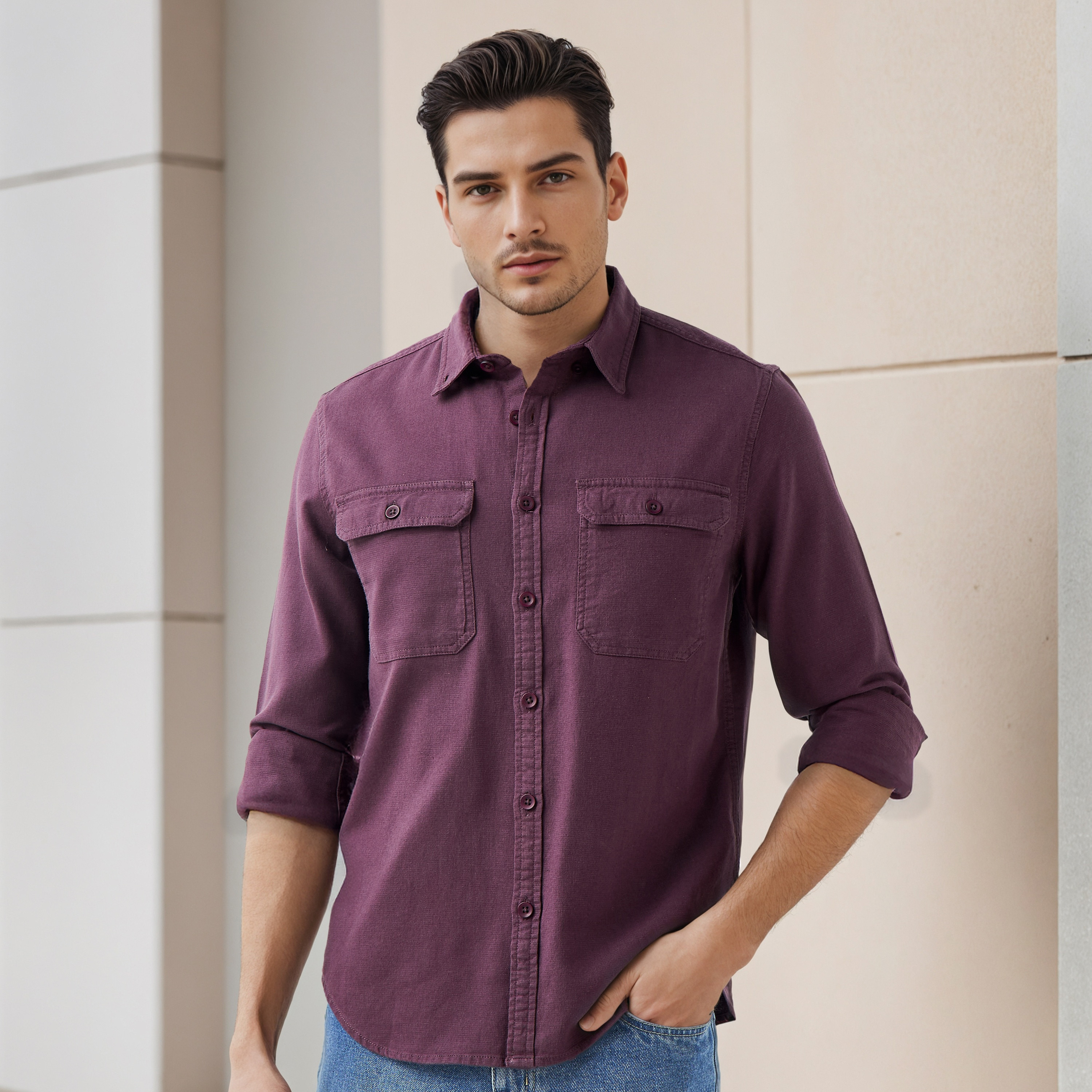 قميص بقصة عادية من مزيج الكتان-men-clothing-shirts-image-1