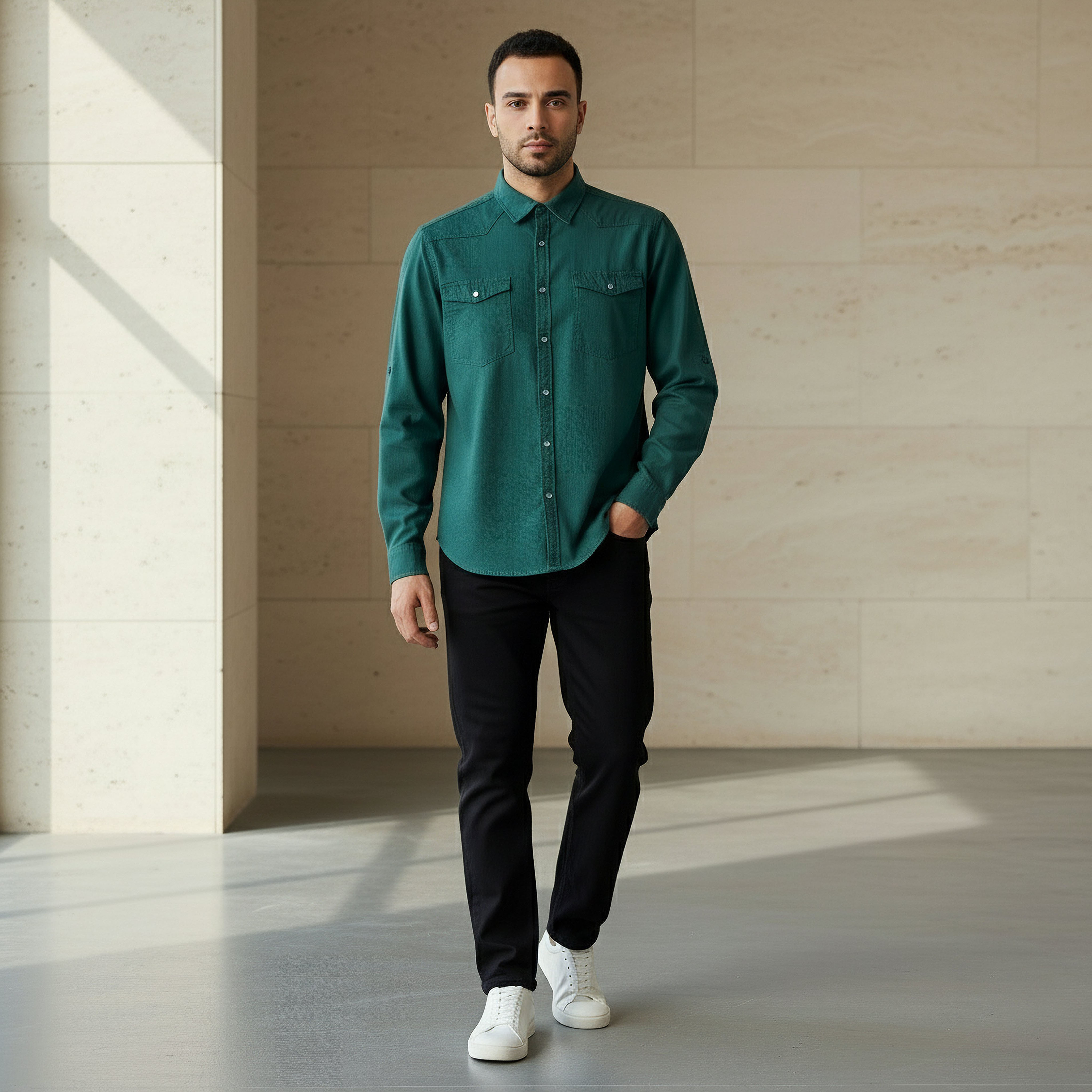 Men Regular Fit Collared Long Sleeves Denim Shirt-men-clothing-shirts-image-2