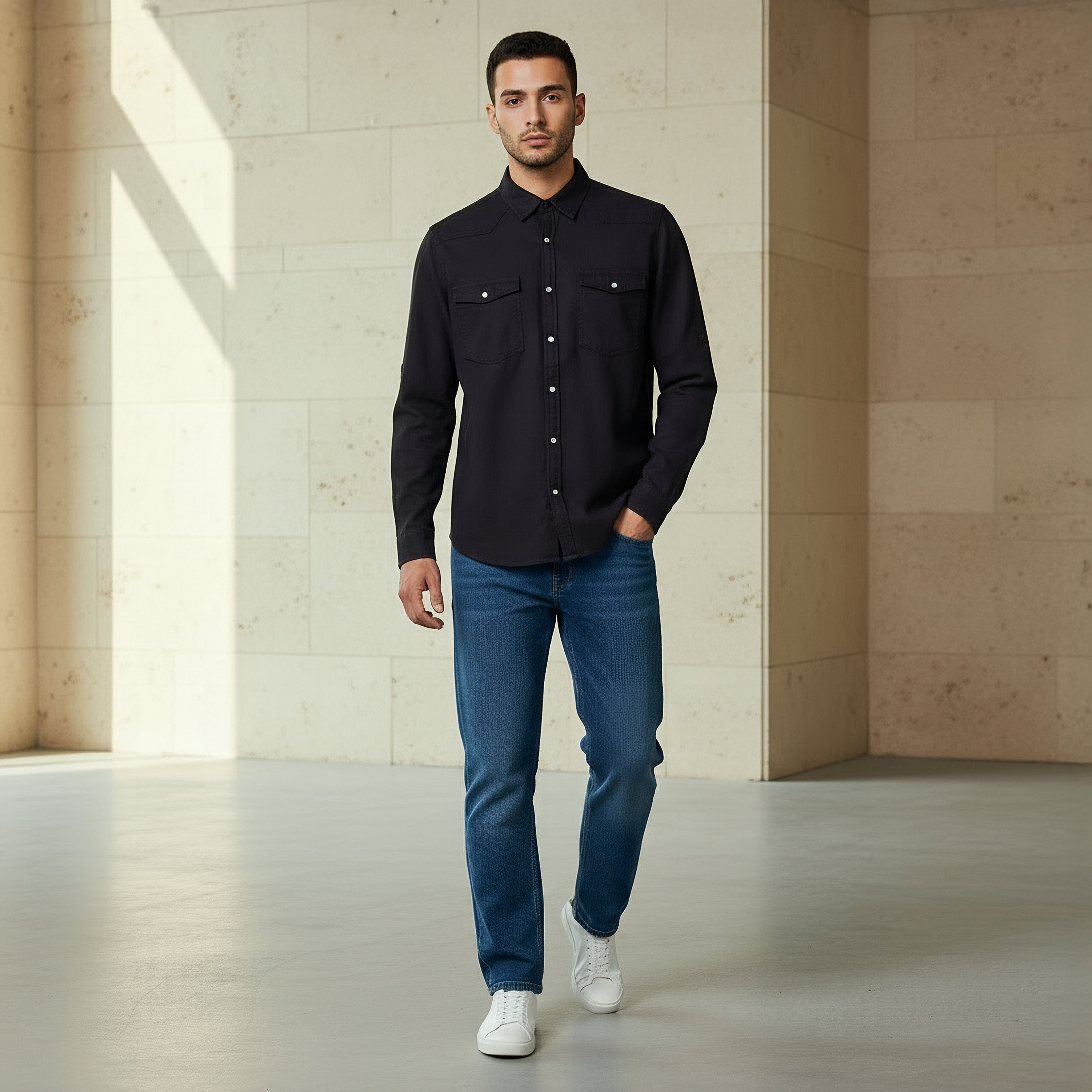 Men Regular Fit Collared Long Sleeves Denim Shirt-men-clothing-shirts-image-2