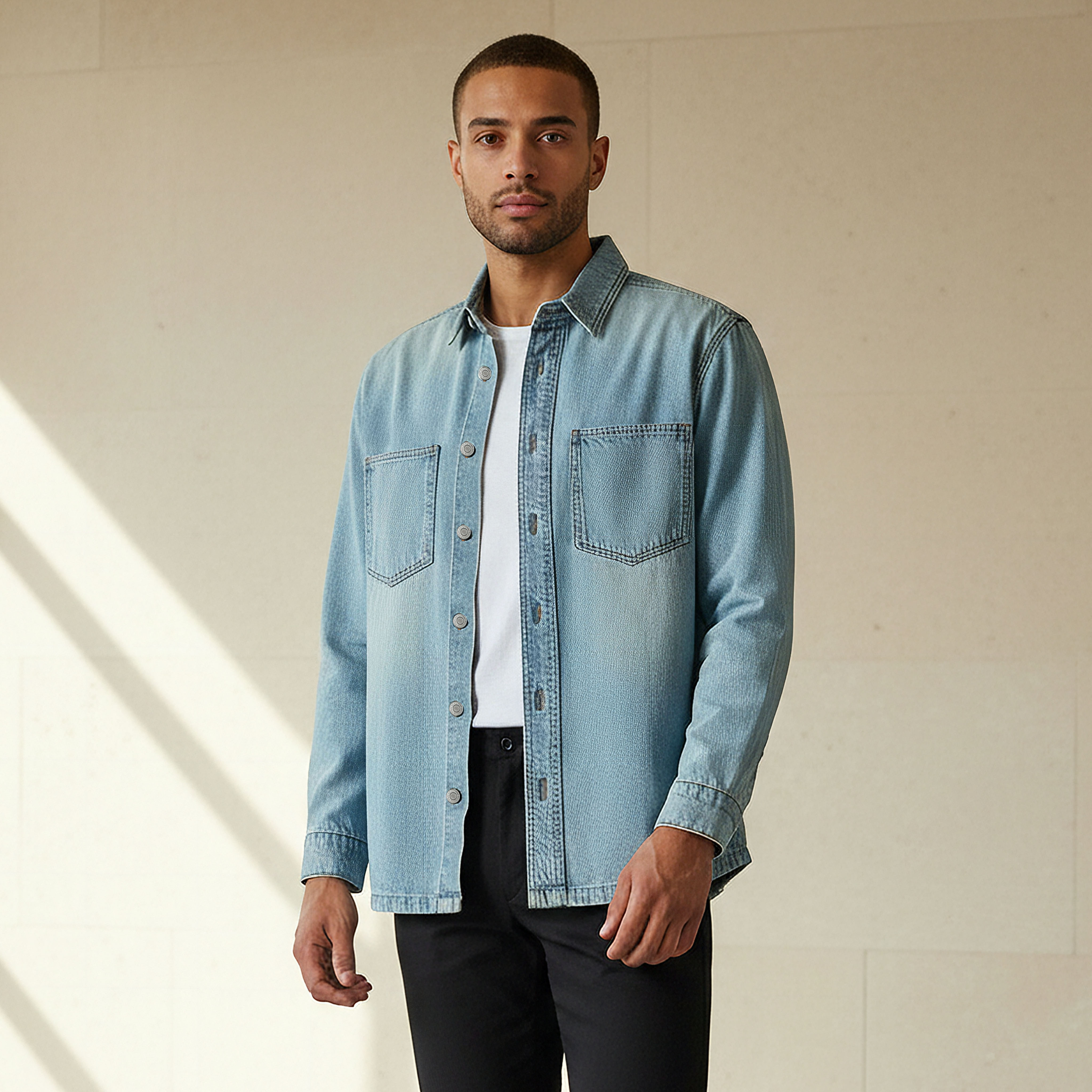 قميص دينم رجالي بأكمام طويلة وقصة عادية وياقة كلاسيكية-men-clothing-shirts-image-1