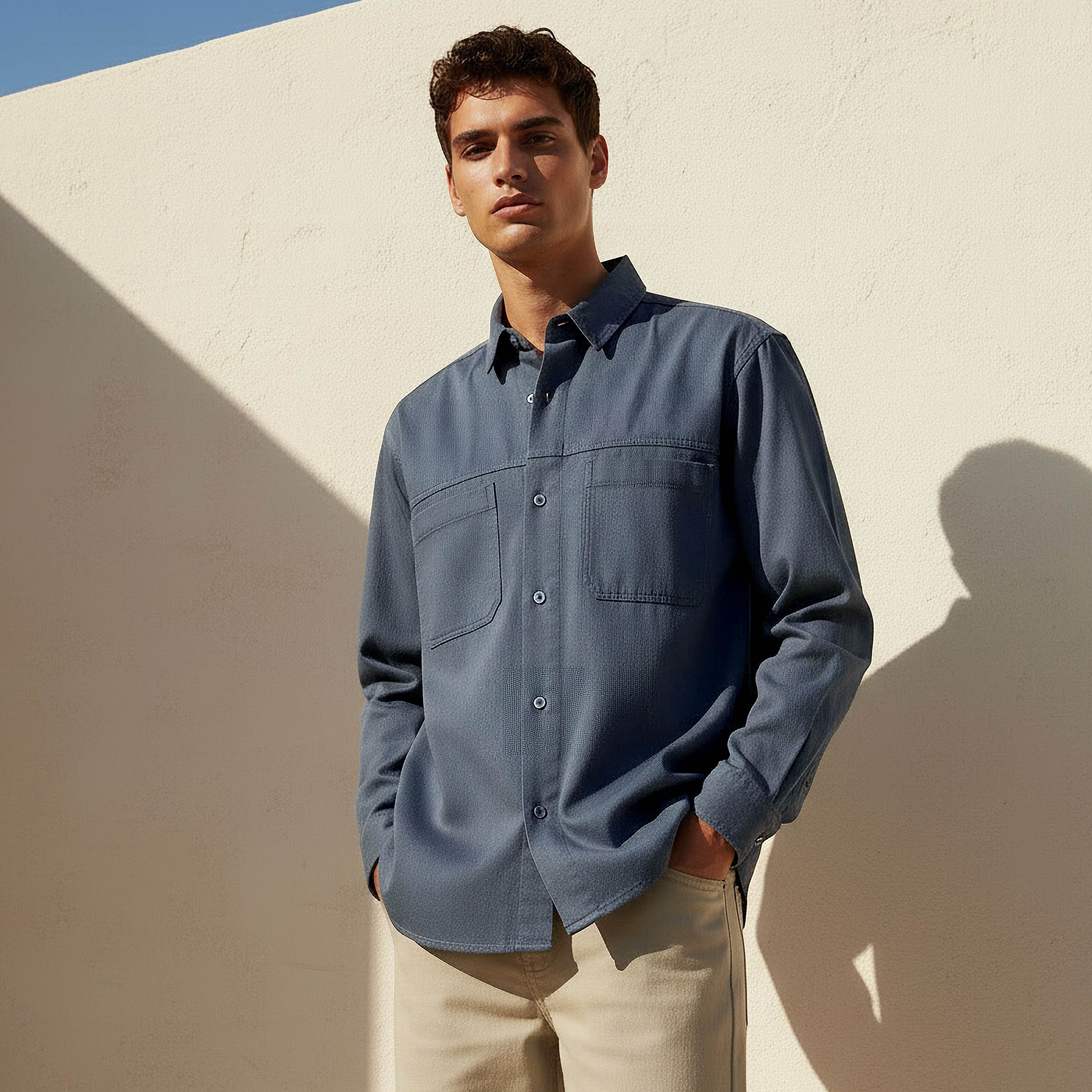 قميص تويل بقصة عادية وأكمام طويلة للرجال-men-clothing-shirts-image-1