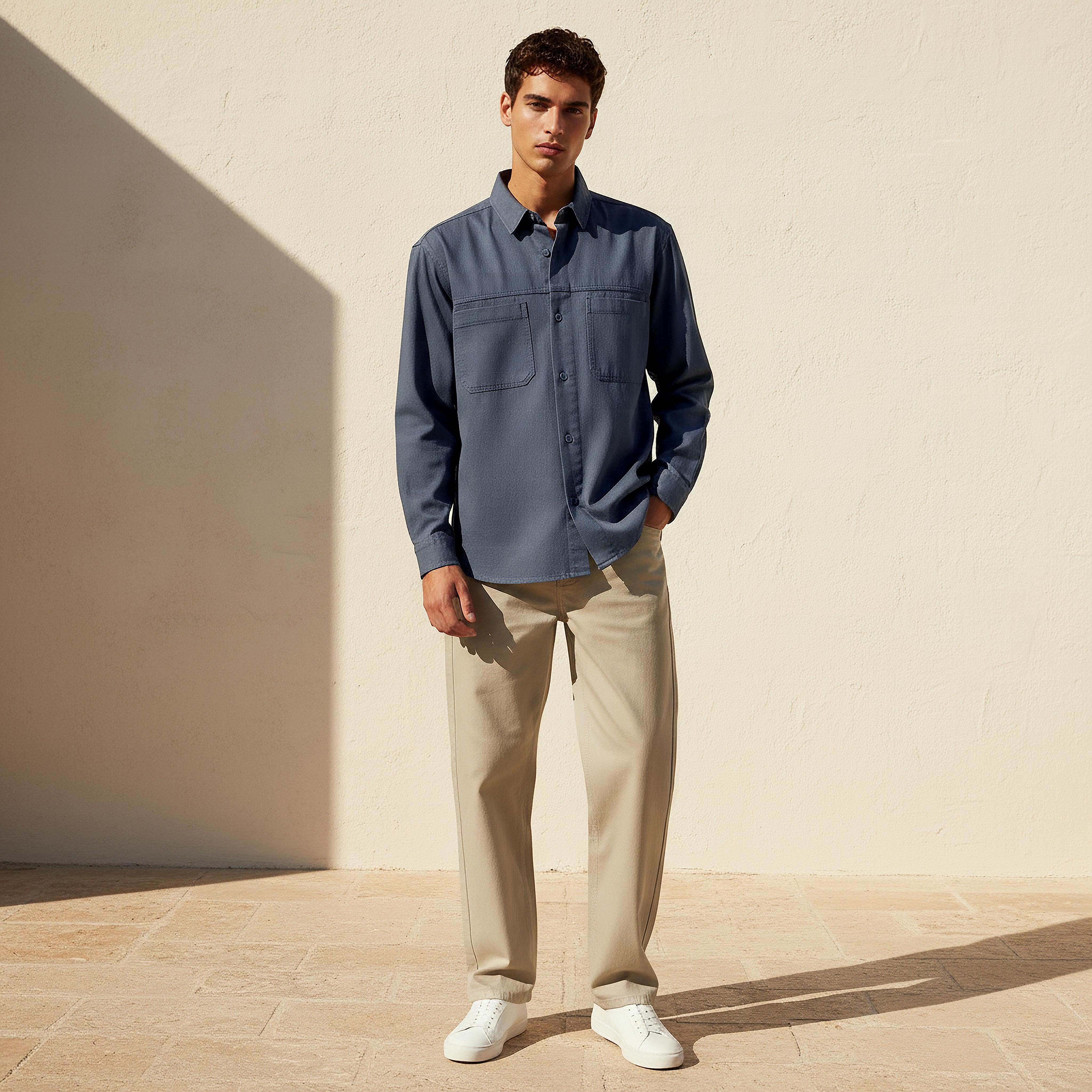 قميص تويل بقصة عادية وأكمام طويلة للرجال-men-clothing-shirts-image-3