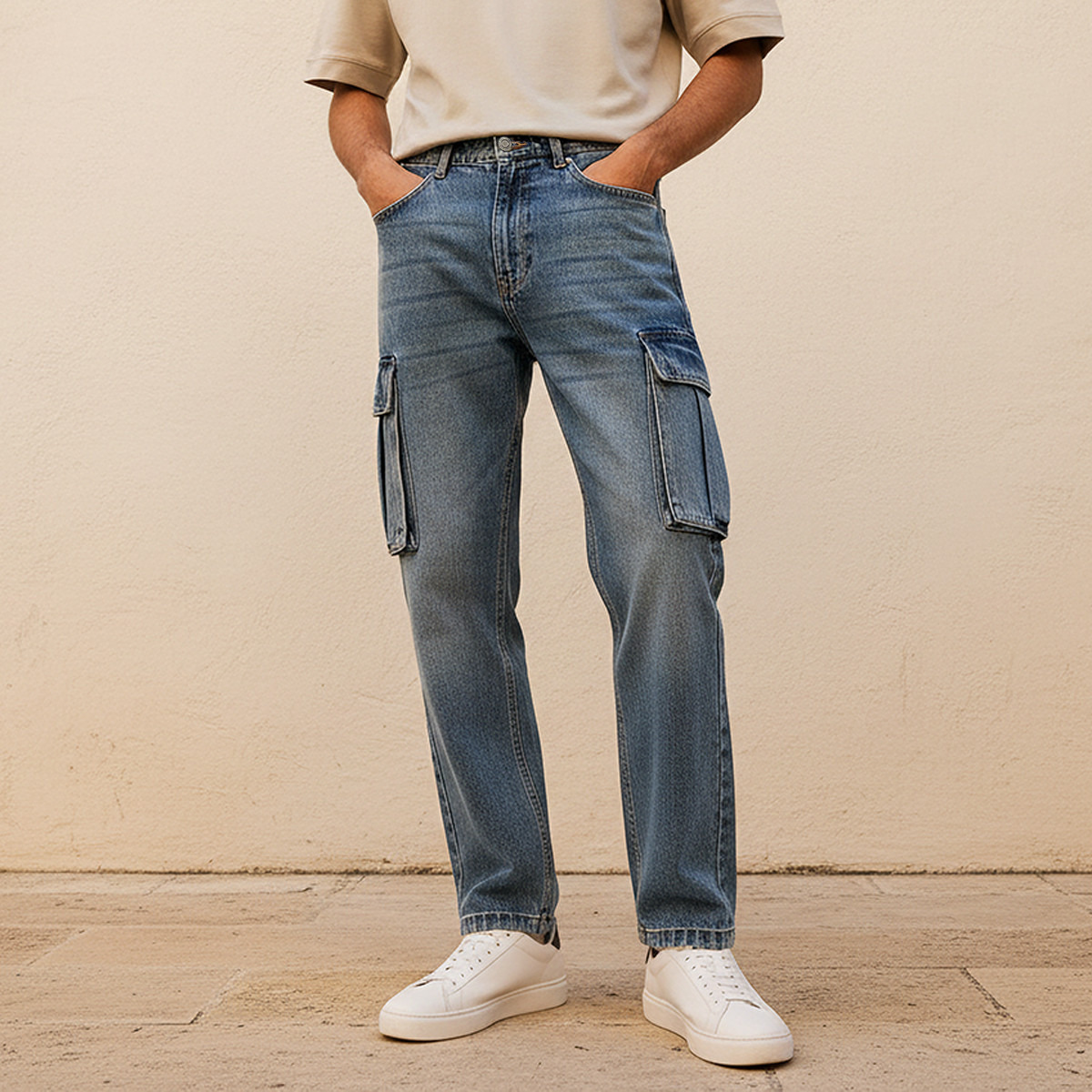 Men Regular Fit Mid-Rise Cargo Jeans-men-clothing-bottoms-jeans-image-1