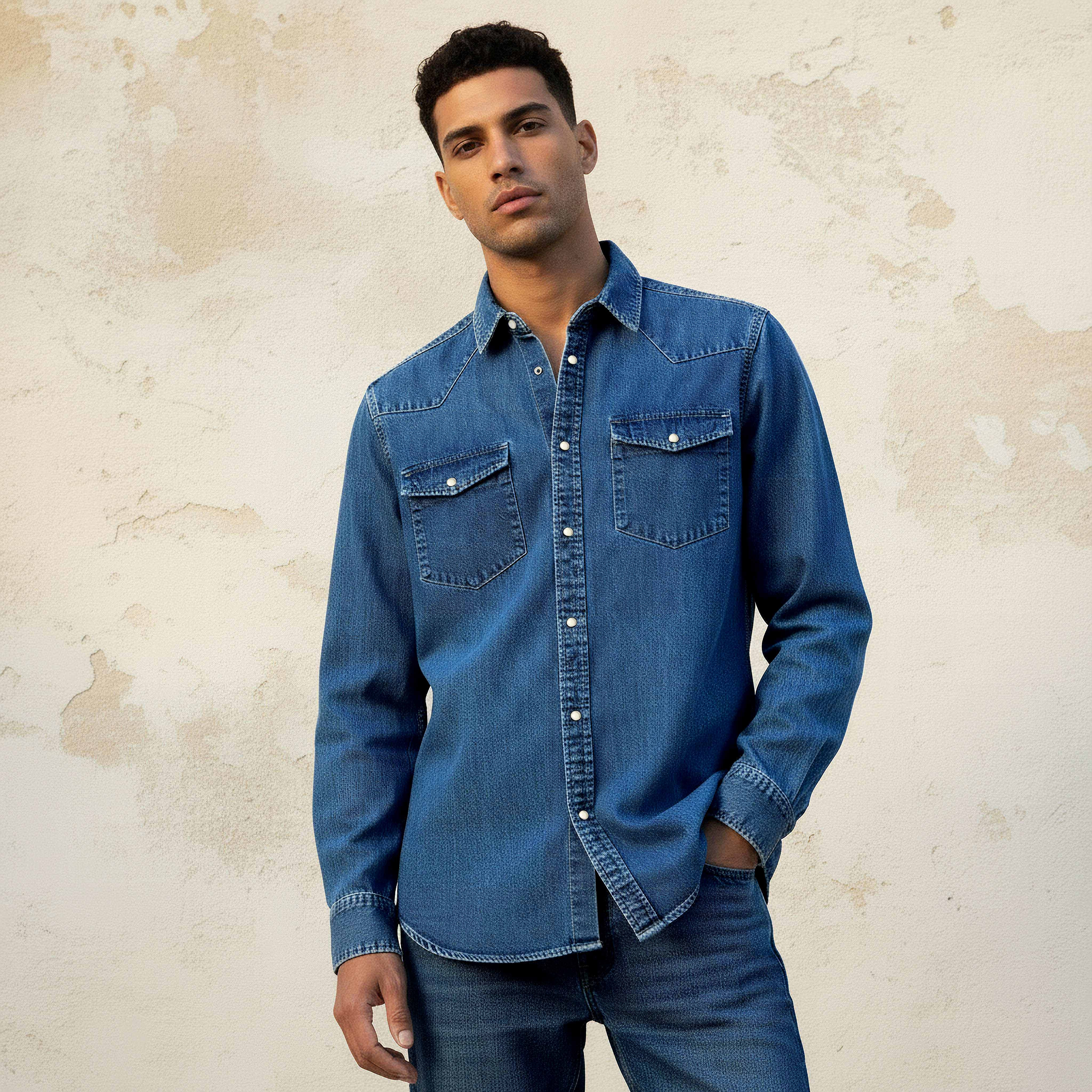Men Regular Fit Collared Denim Long Sleeves Shirt-men-clothing-shirts-image-1
