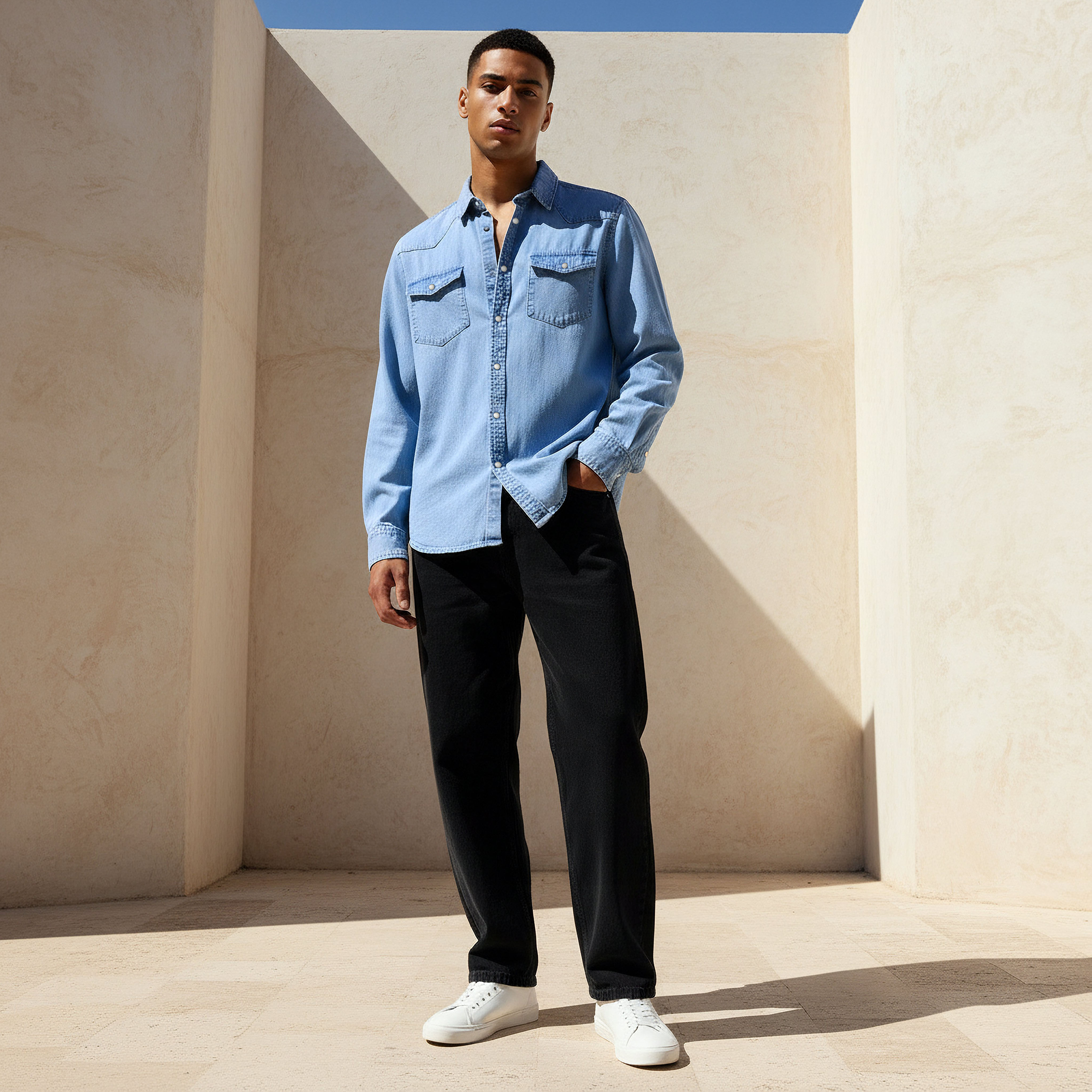 Men Regular Fit Collared Denim Long Sleeves Shirt-men-clothing-shirts-image-3