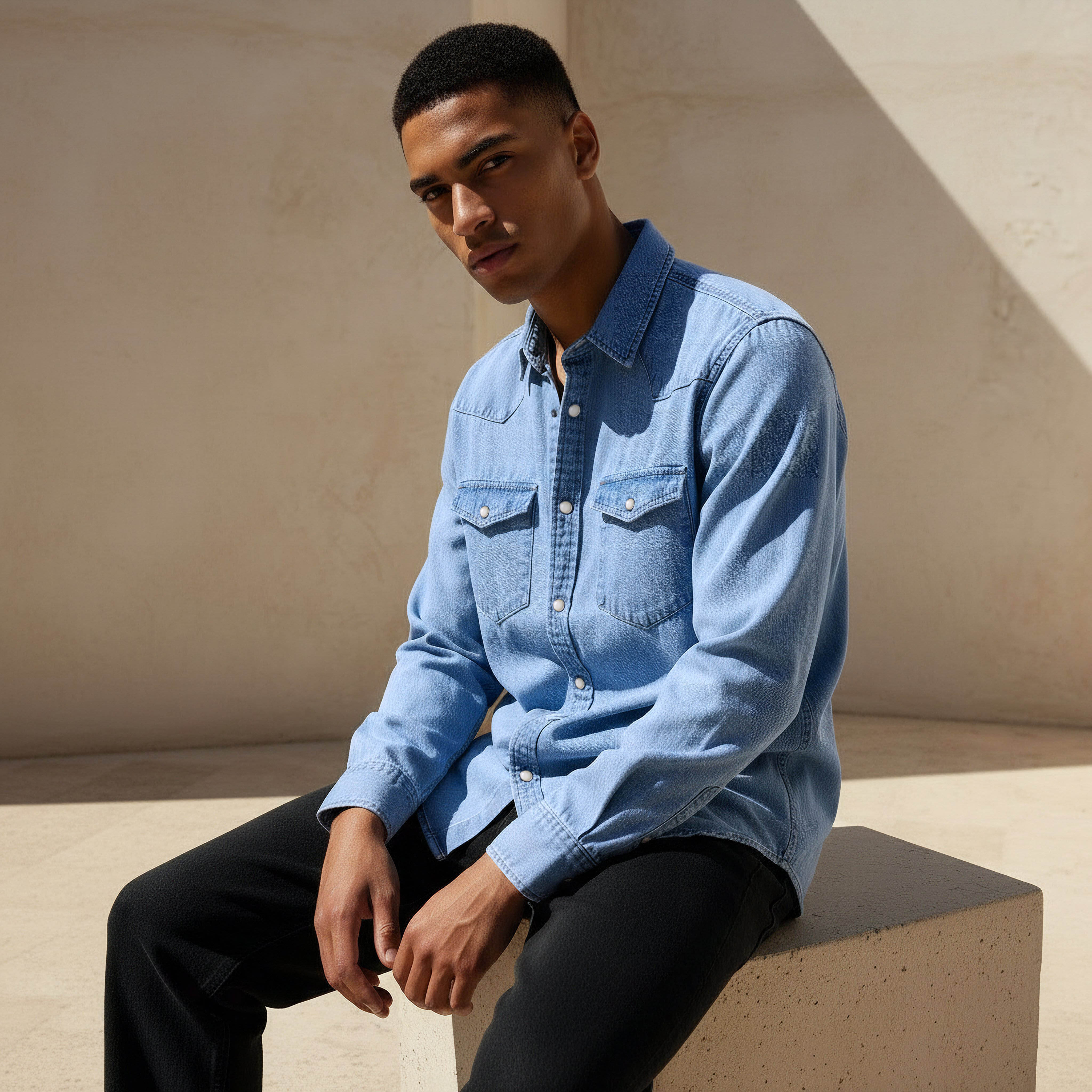 Men Regular Fit Collared Denim Long Sleeves Shirt-men-clothing-shirts-image-5