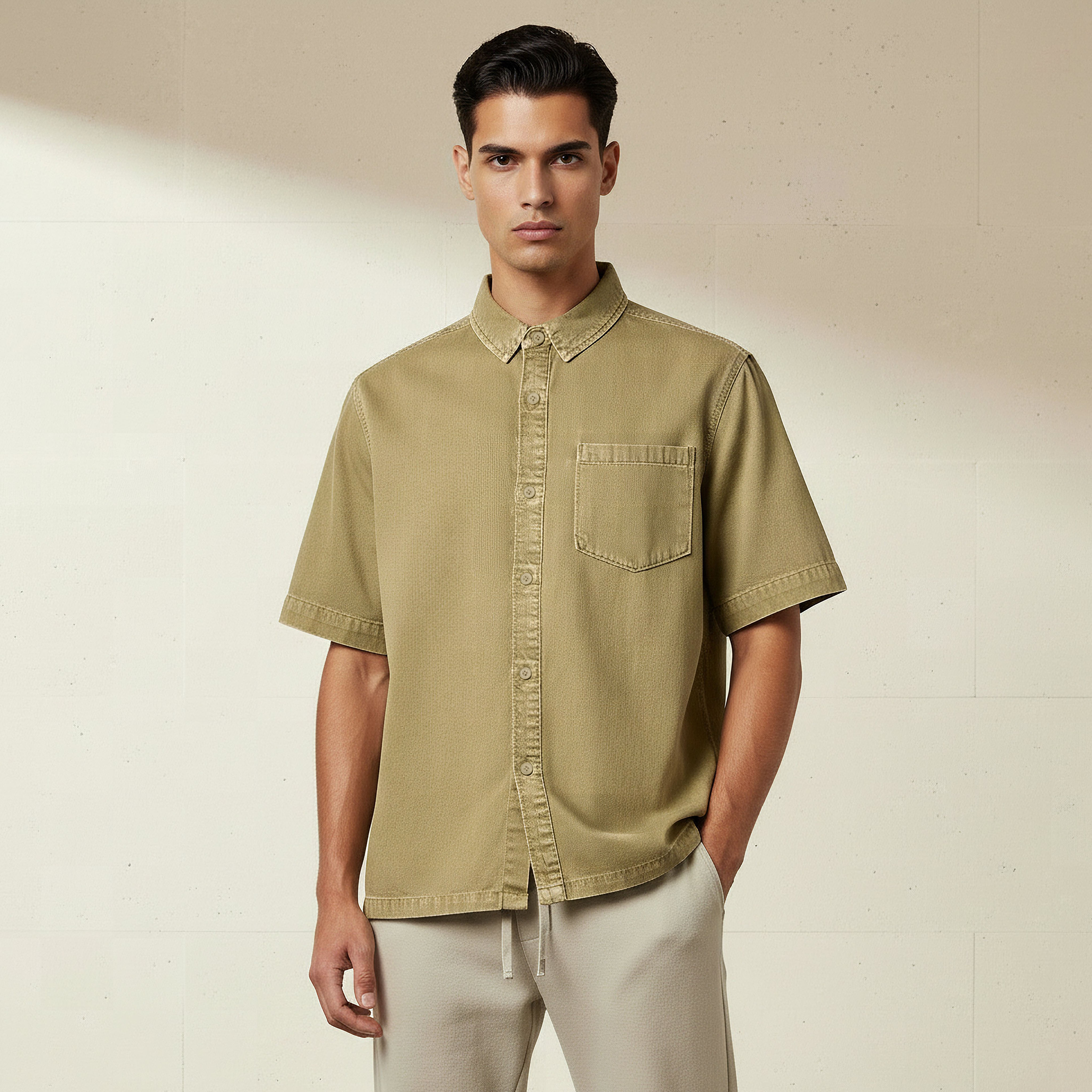 قميص بقصة عادية وياقة وأكمام قصيرة للرجال-men-clothing-shirts-image-1