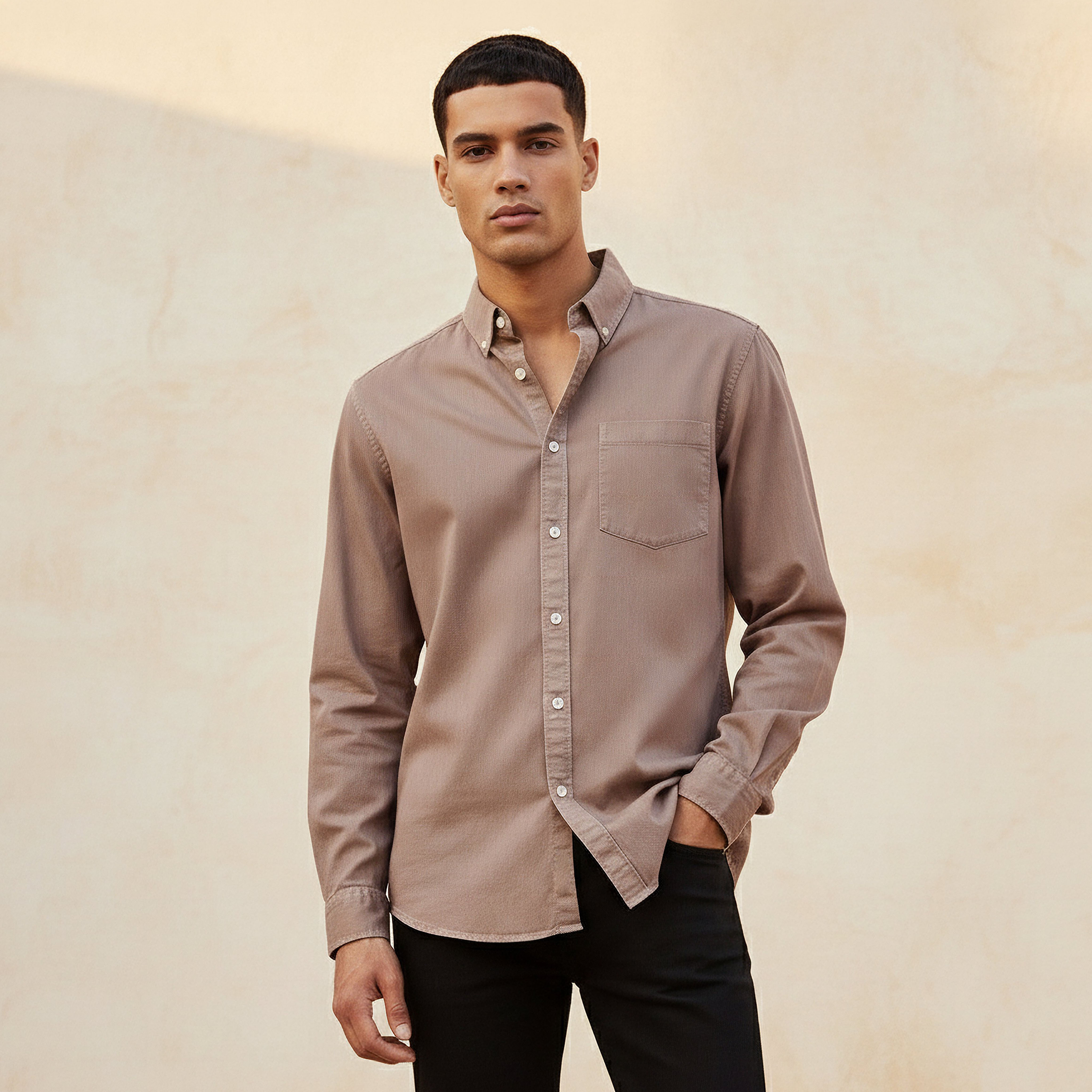 Men Regular Fit Button-Down Collar Long Sleeves Denim Shirt-men-clothing-shirts-image-1