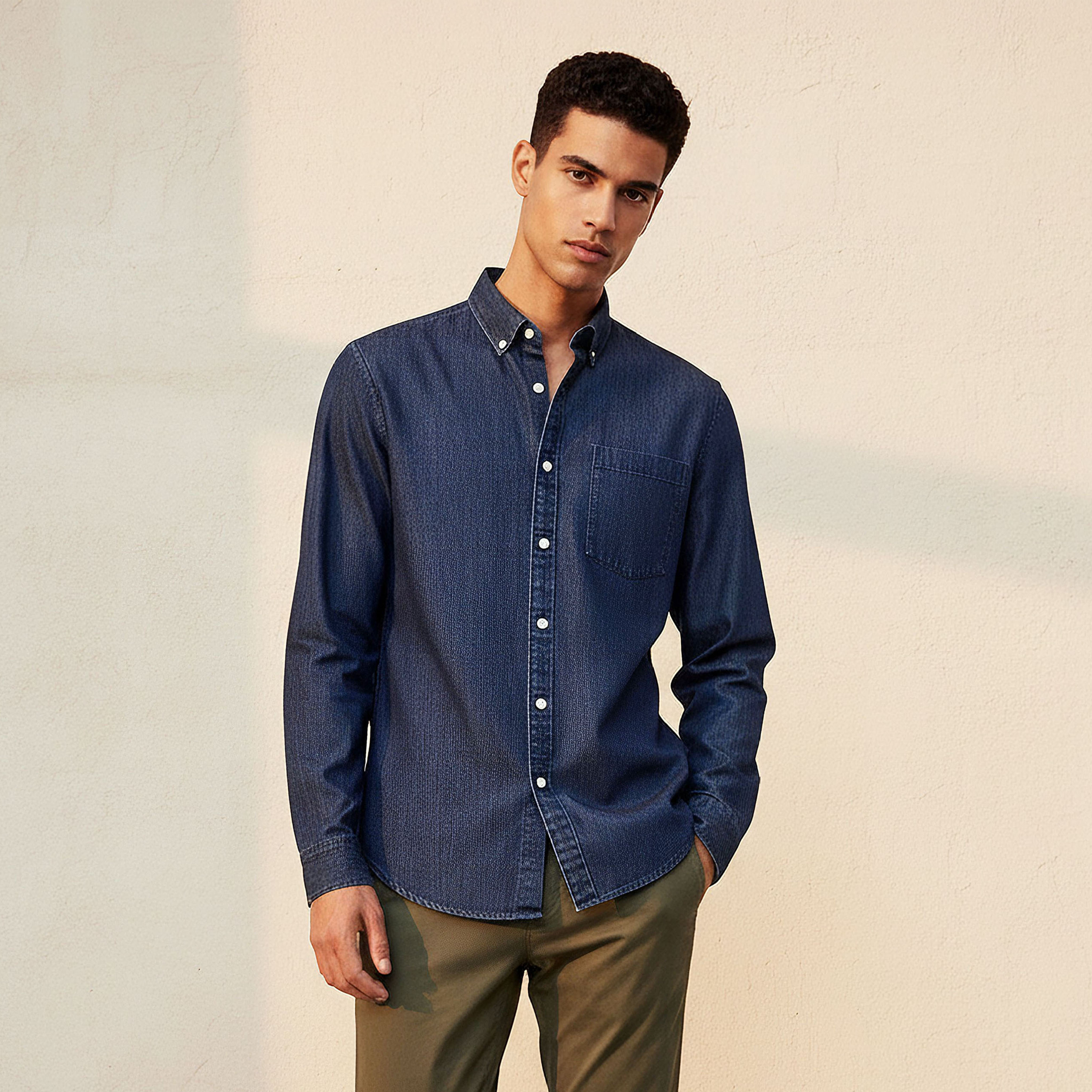 Men Regular Fit Button-Down Collar Long Sleeves Denim Shirt-men-clothing-shirts-image-1